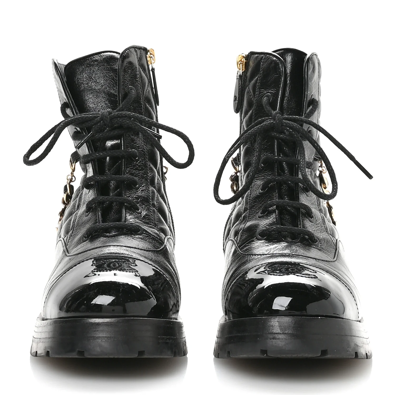 Shiny Calfskin Patent Quilted Chain Lace Up Combat Boots 40 Black