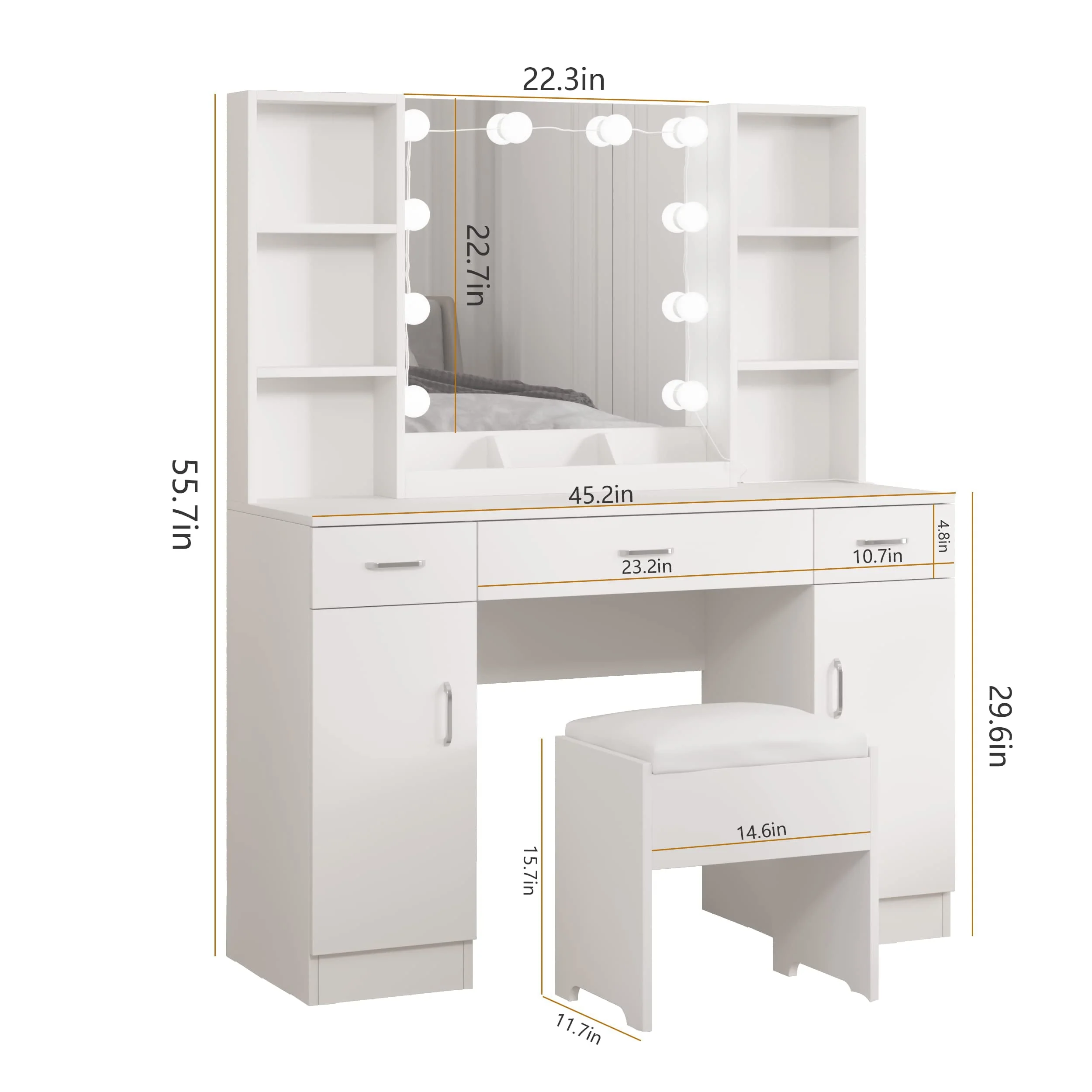 Large Makeup Vanity Set with Lights, White Bedroom Makeup Vanity Table with Storage, 3 Adjustable Lighting Colors, Modern, 45.2in(Black) - Image 9