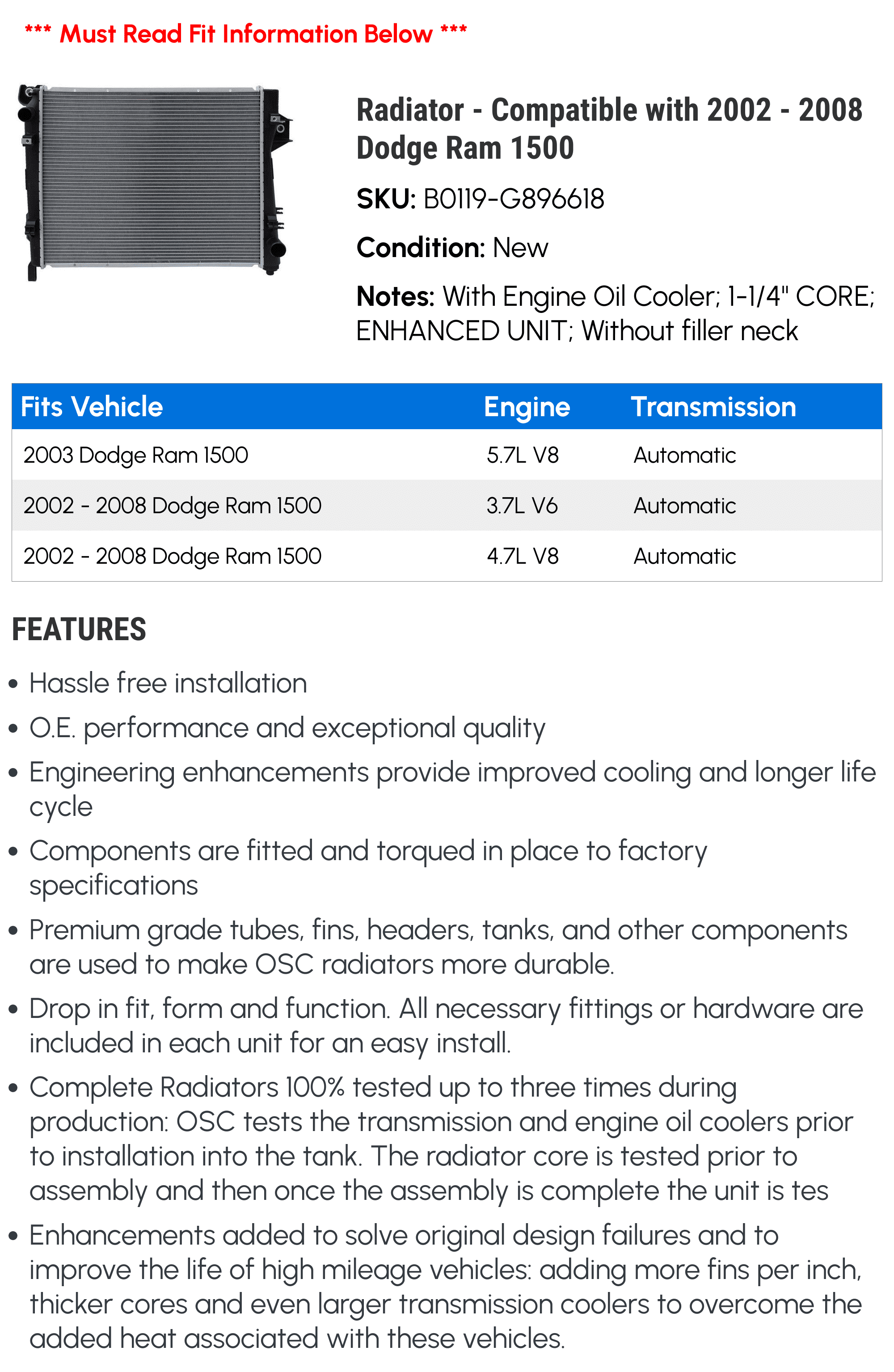 Radiator - Compatible with 2002 - 2008 Dodge Ram 1500 2003 2004 2005 2006 2007
