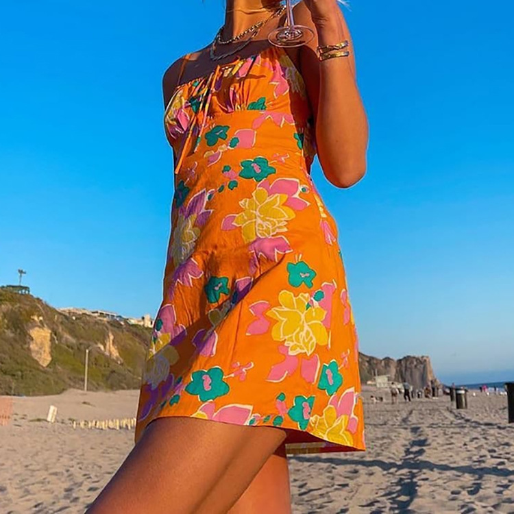 Robe courte à bretelles imprimée de fleurs, sexy et tendance