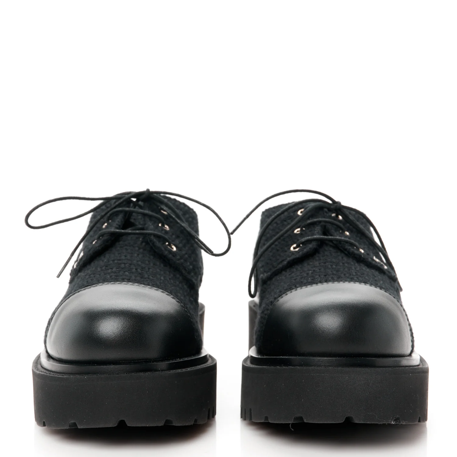 Wool Tweed Calfskin Lace-Up Loafers 38.5 Black