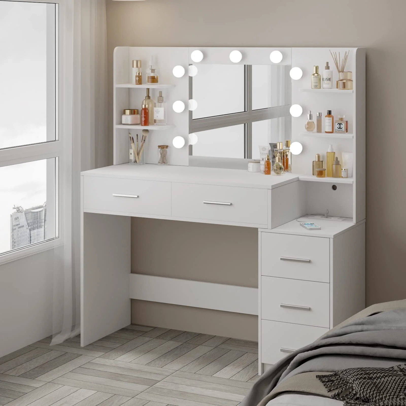 Makeup Vanity with Mirror and Lights,3 Lighting Colors,Bedroom Vanity Table with Charging Station,White Make Up Desk with 5 Drawers Storage and Open Shelves(White) Image 3