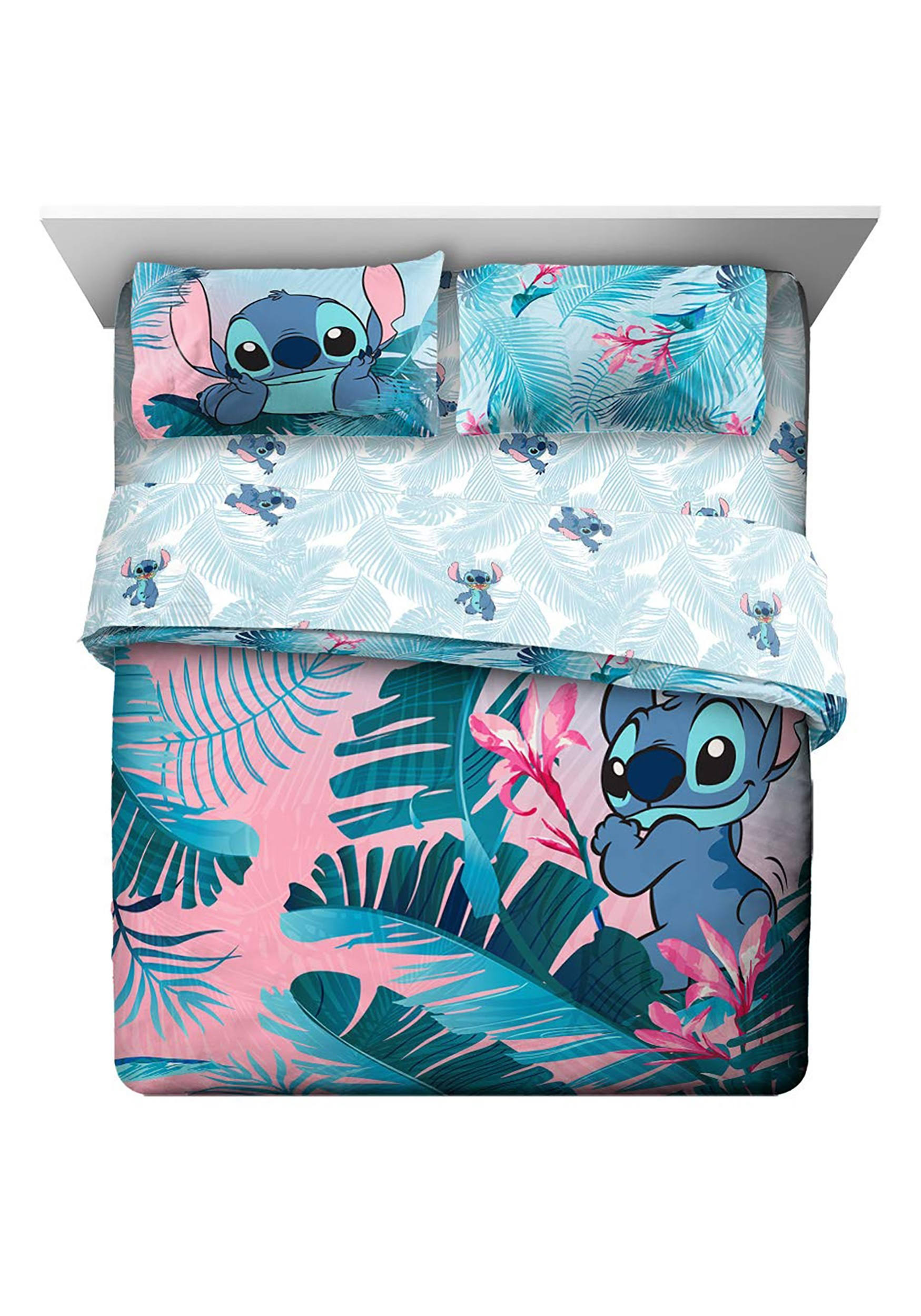 Lilo & Stitch Blue/Pink Tropical Flowers Kids Bed in A Bag Bedding Set w/ Reversible Comforter, Size: Full