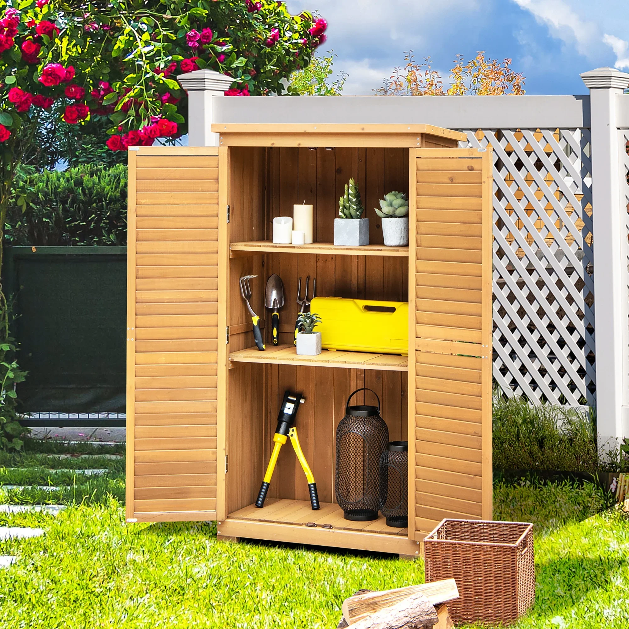 Costway Waterproof Fir Wood Storage Shed Garden, 34.5 x 16.5 x 63, Natural