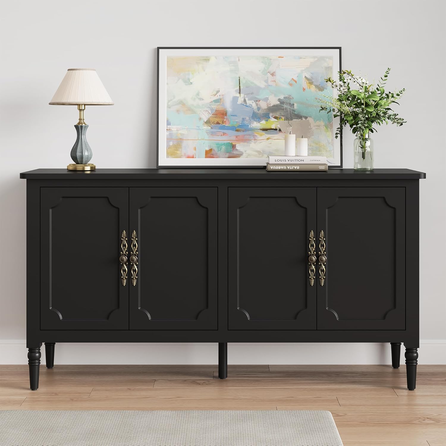Console Table, 58'' Mid Century Modern Pantry Cabinet, Wood Buffet Sideboard, Media Credenza with 4 Doors, Accent Storage for Entryway, Living Room, Bedroom, Dining Room (Black)