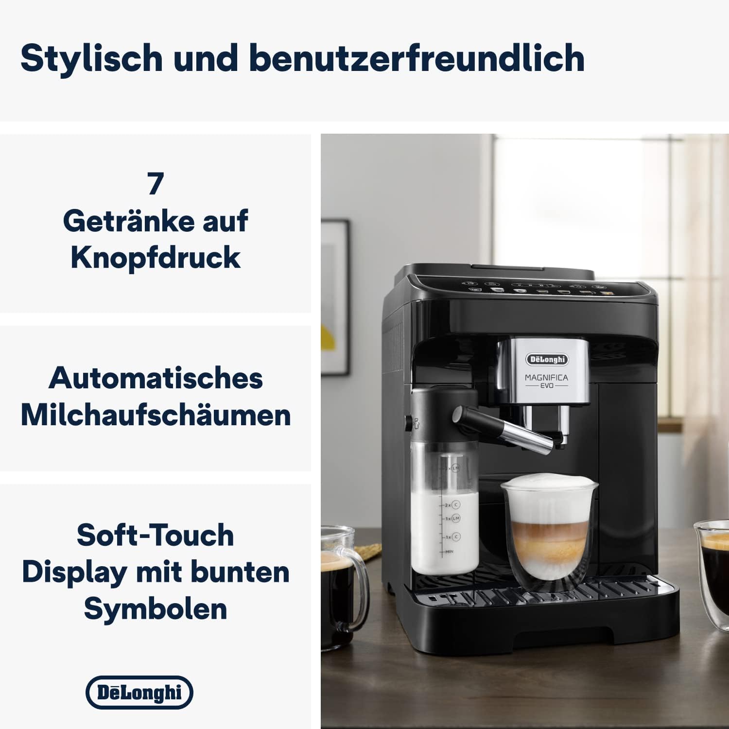 De'Longhi Magnifica Evo ECAM 292.81.B Volautomatische koffiemachine met LatteCrema melksysteem, 7 directe selectieknoppen voor cappuccino, espresso en andere koffiespecialiteiten, 2-kops functie, zwart