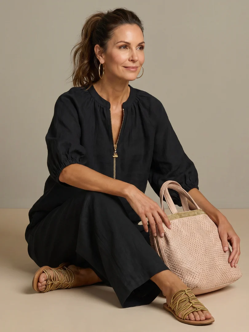 Ensemble blouse zippée et pantalon à jambes larges pour femme