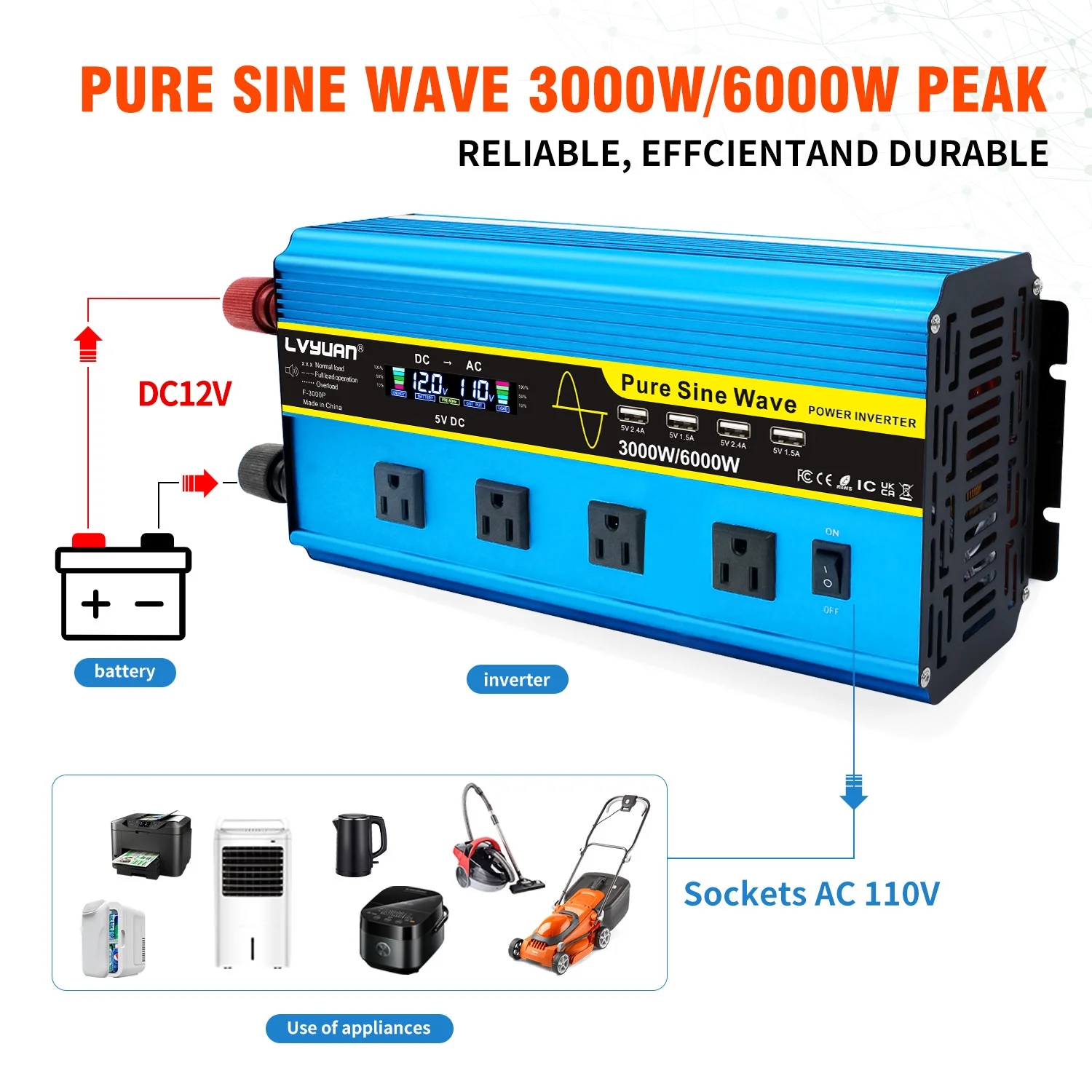 LVYUAN 3000watts Pure Sine Wave Power Inverter DC 12V to AC 110V 120V Converter 4USB 4AC LCD Display with Remote Control