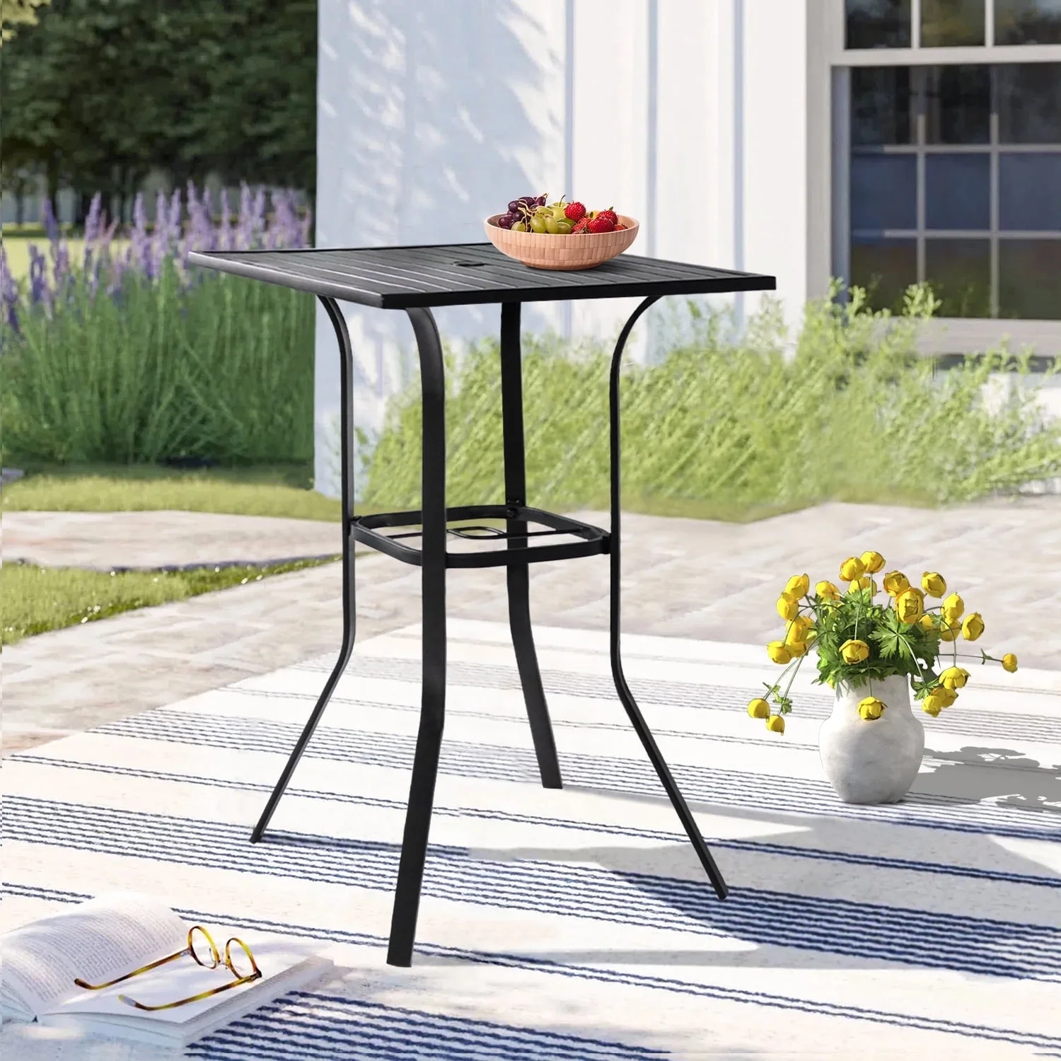 Outdoor Patio Bar Height Table Metal Bistro Table with Umbrella Hole, Black - Image 5