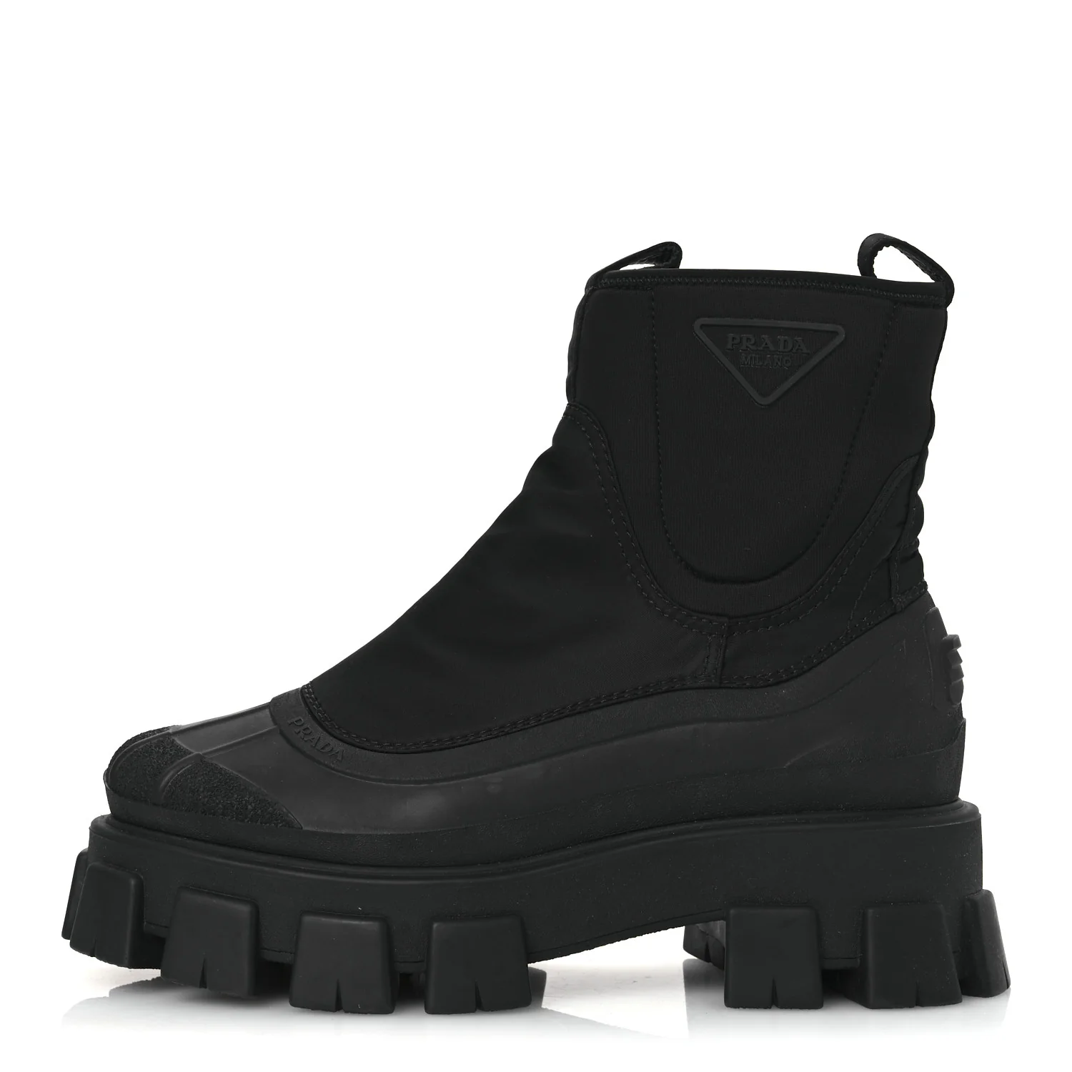 Re-Nylon Gabardine Rubber Triangle Logo Womens Monolith 55mm Ankle Boots 38 Black