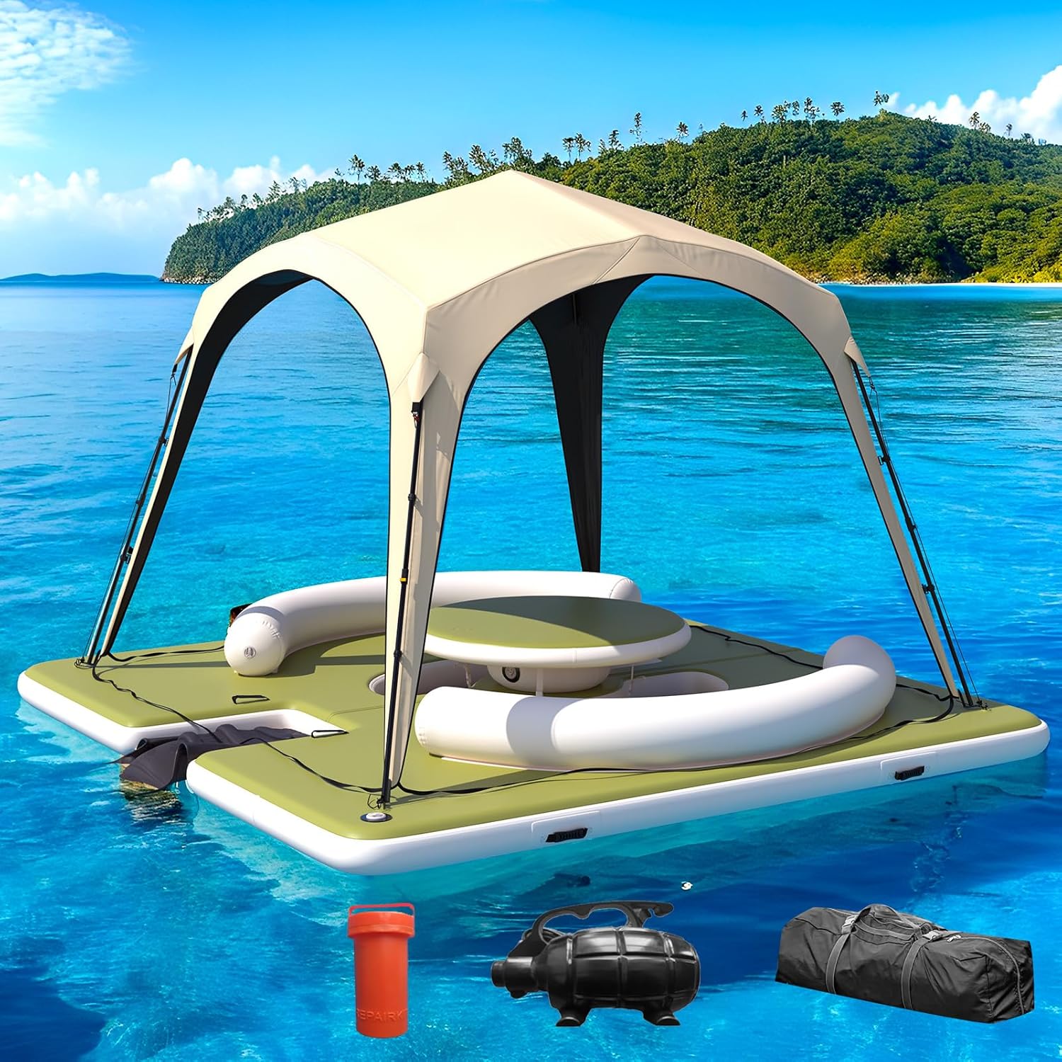 AECOJOY Premium Floating Dock Lounge with Canopy, 11.15ft x 11.15ft Inflatable Water Platform with Ladder