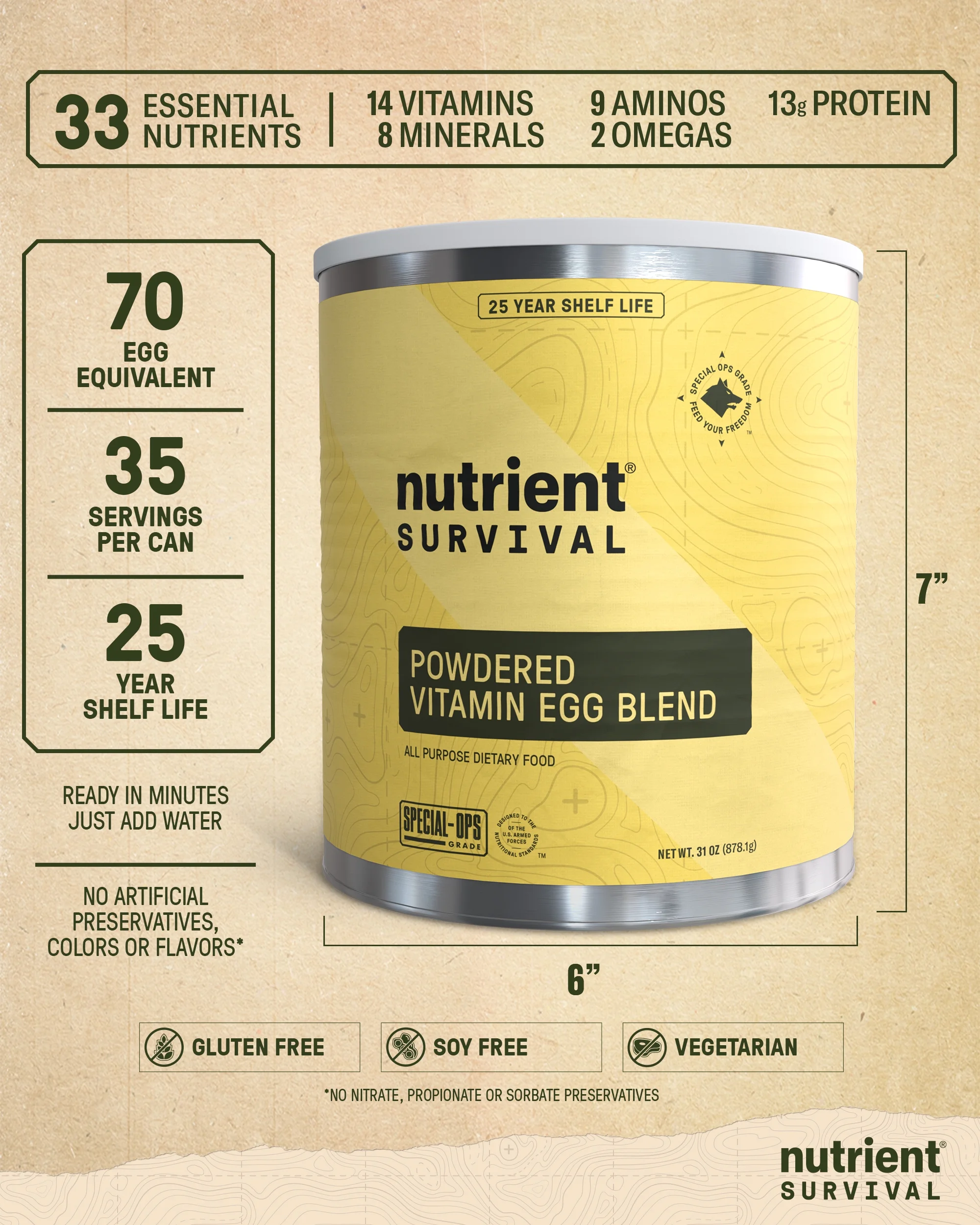70 Egg Equivalent Nutrient Survival Vitamin Powdered Eggs Blend, Freeze Dried Prepper Supplies & Emergency Food Supply, 33 Essential Nutrients, Gluten Free, Shelf Stable up to 25 Years