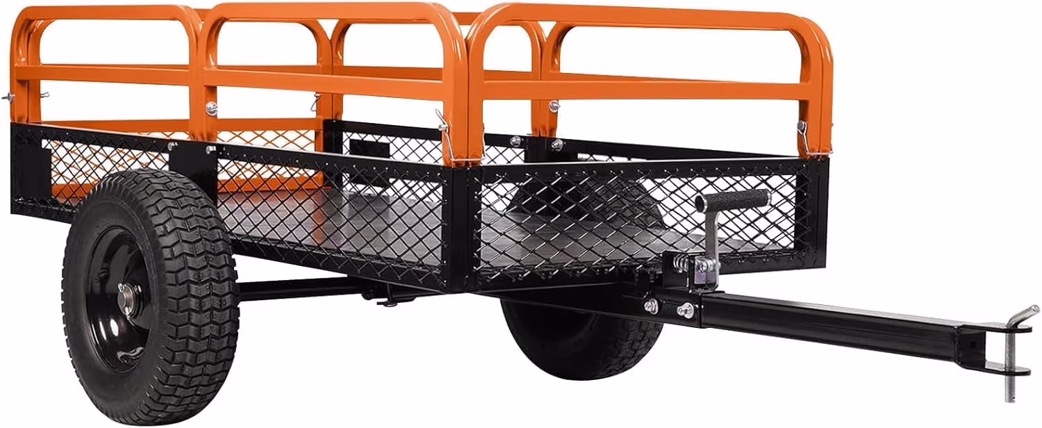 Heavy Duty Steel ATV Trailer, 1600 lb Dump Cart, 15 Cubic Feet, Removable Sides, for Riding Lawn Mower Tractor