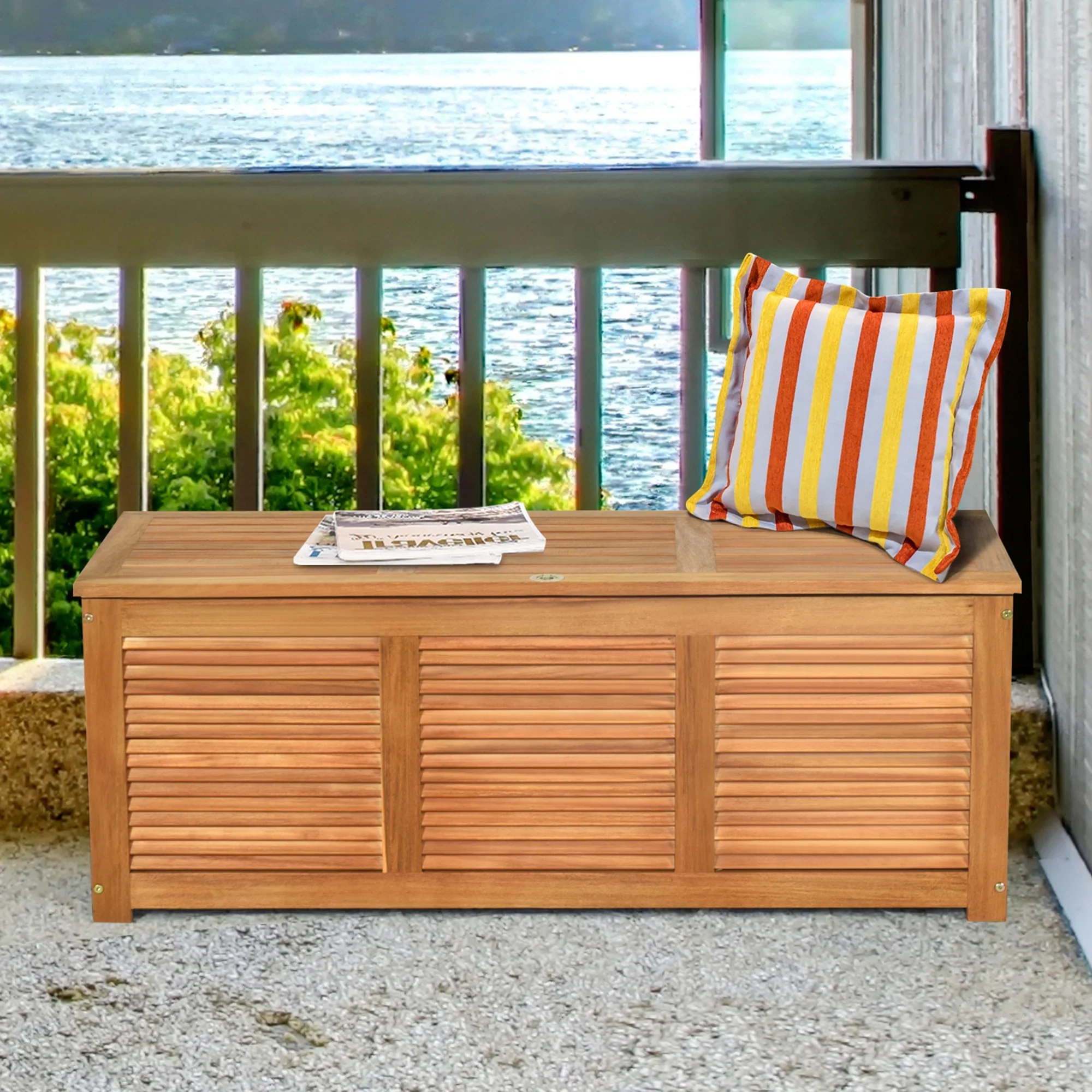 Gymax Acacia Wood Deck Box 46 Gallon Garden Backyard Storage Bench Container