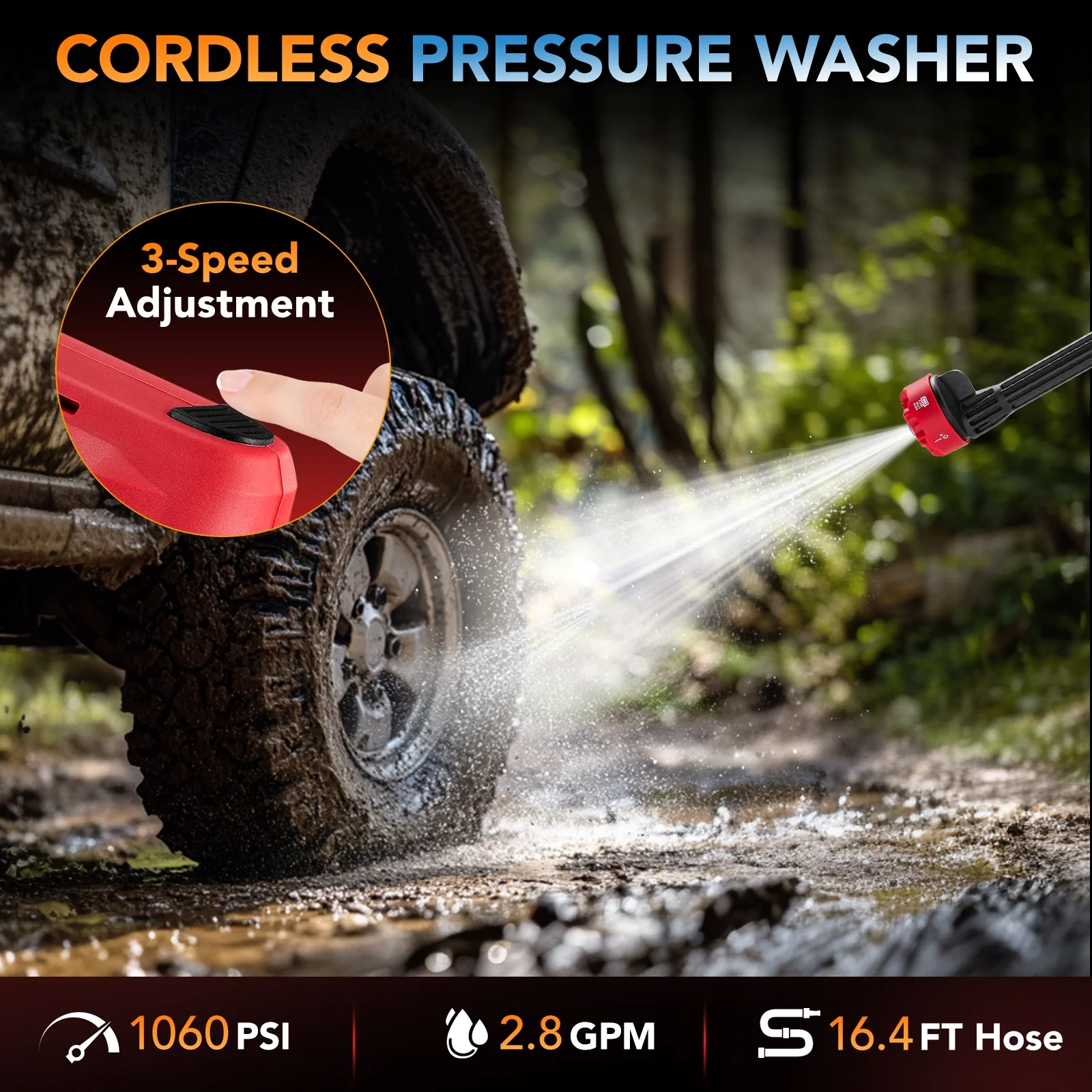 1060PSI Cordless Pressure Washer, Portable Handheld High-Pressure Car Washer with 5.0Ah Long-Lasting Battery, 3-Speed Adjustable, 2.8GPM, 6-in-1 Nozzle for Car Cleaning/Garden/Floor(Red) - Image 8