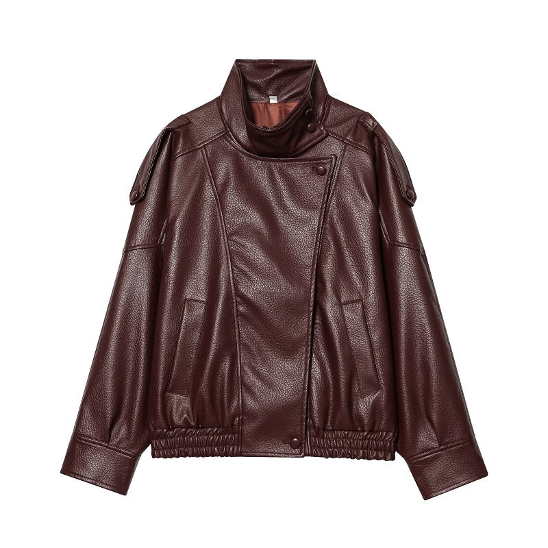 Veste en cuir asymétrique à col montant pour femmes