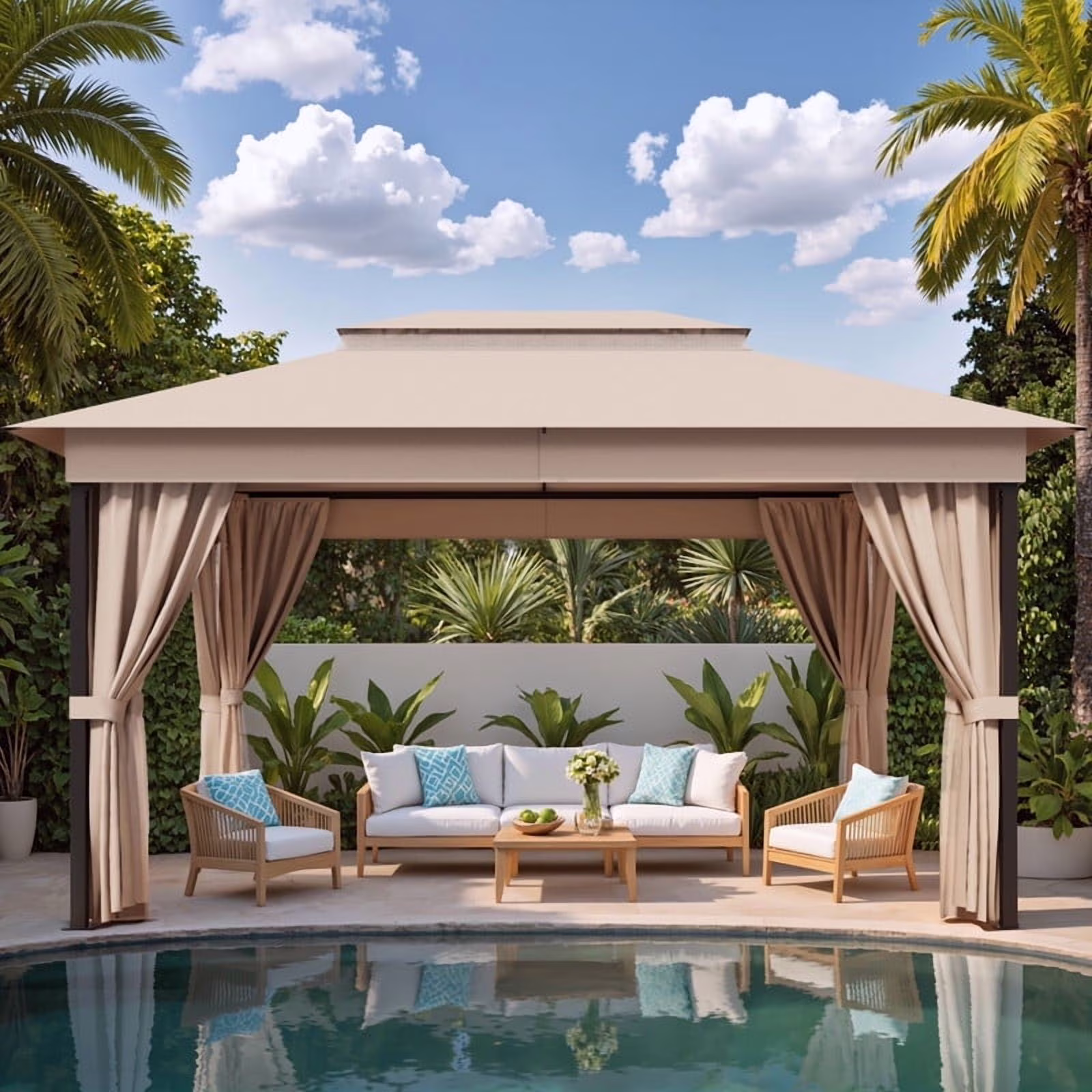 Devoko 10��13 ft Outdoor Pop Up Gazebo with Mosquito Netting��Double Roof Gazebo with Double Curtains for Backyard, Garden and Patio,Khaki