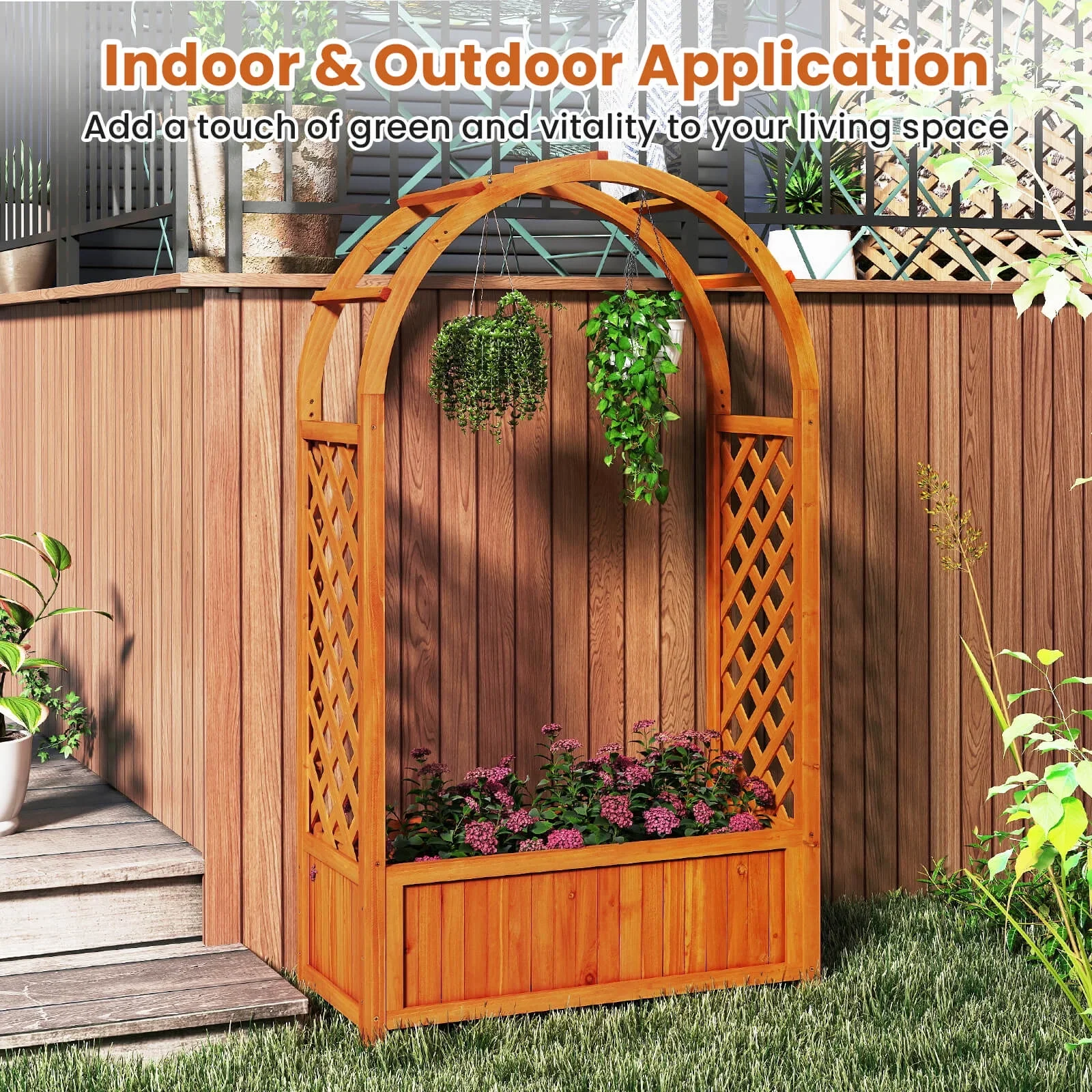 Costway 1 PCS Raised Garden Bed Wooden Elevated Planter Box with Lattice Trellis & Ached Roof