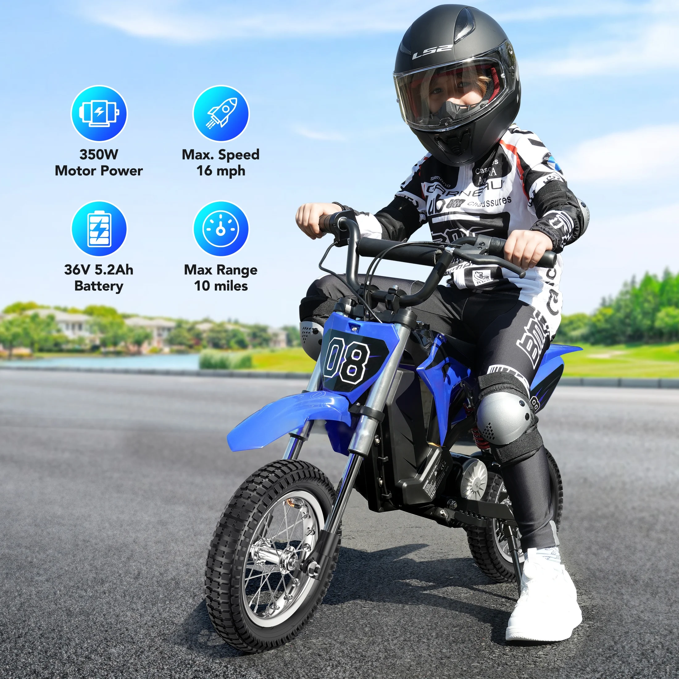 36V Kids Electric Dirt Bike,Fast Speed Electric Motorcycle Up to 16 MPH 10 Miles Long-Range, 3-Speed Modes, Twist Grip Throttle, Dual Suspension Brakes for Kids Ages 5-10 Ride on Toys(Black,Blue) - Image 4
