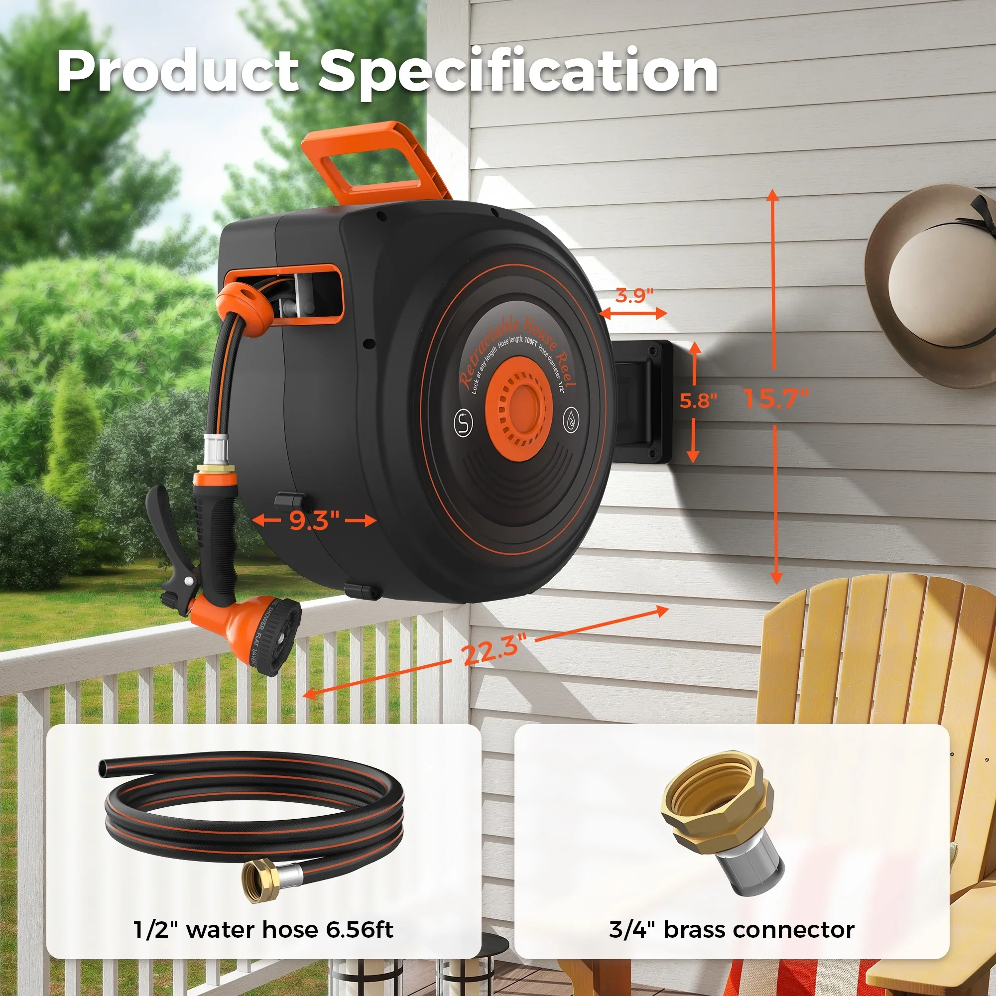 Retractable Garden Hose Reel 1/2 in x 100 ft, Auto-Rewind & Any Length Lock, 180�� Swivel Heavy Duty Hose Reel Wall Mount for Outside, 10 Spray Patterns, UV-Resistant
