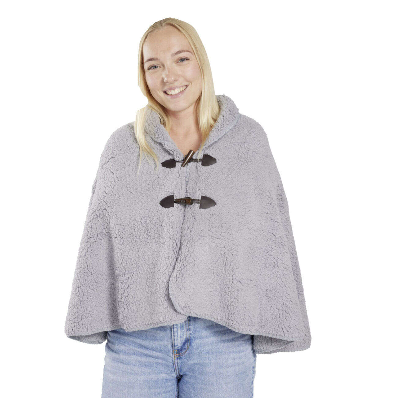 Veste plaid châle moutonné gris 75x150cm avec boutons à brandebourg