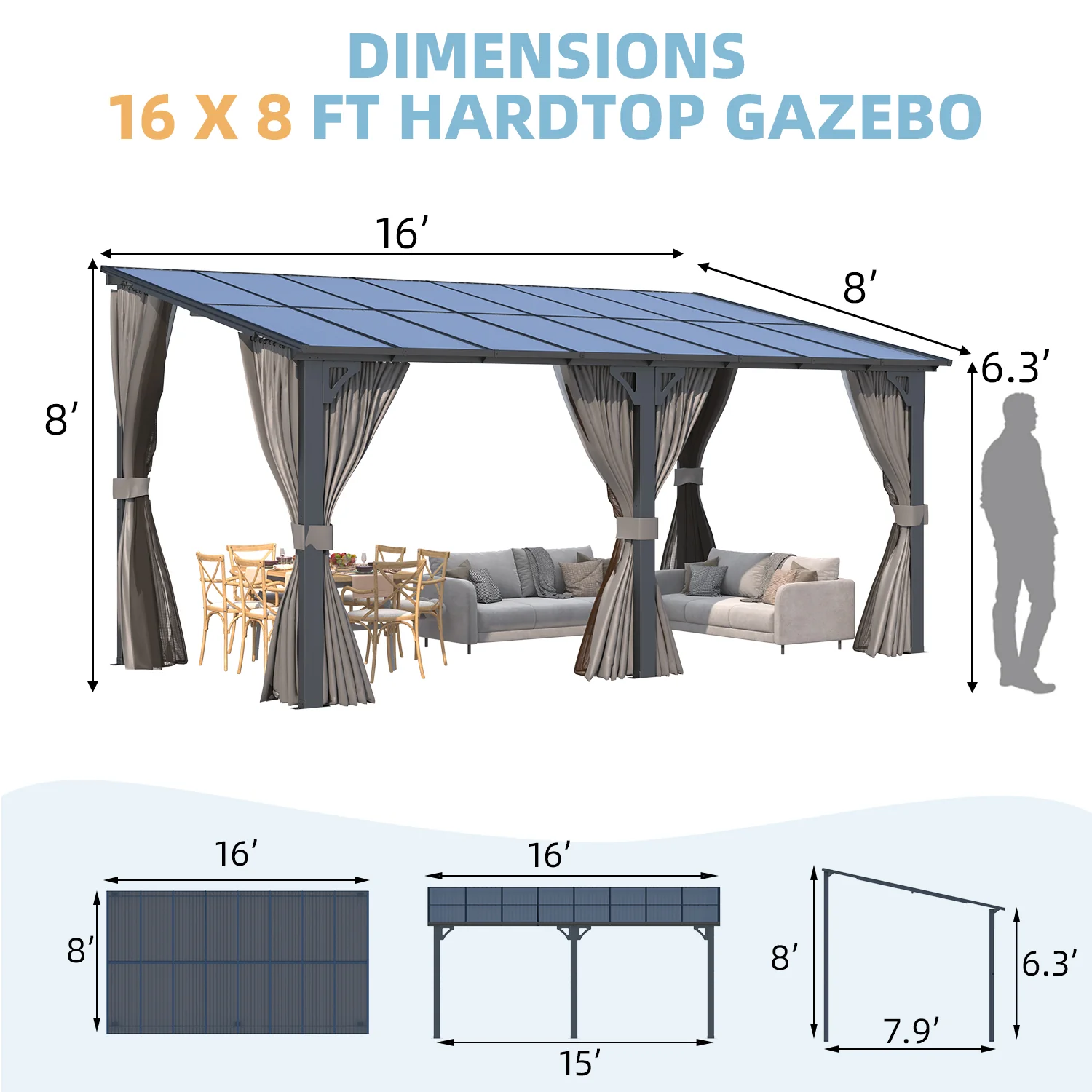 AECOJOY 16'x8' Wall Gazebo with Curtains and Mosquito Netting, Gray