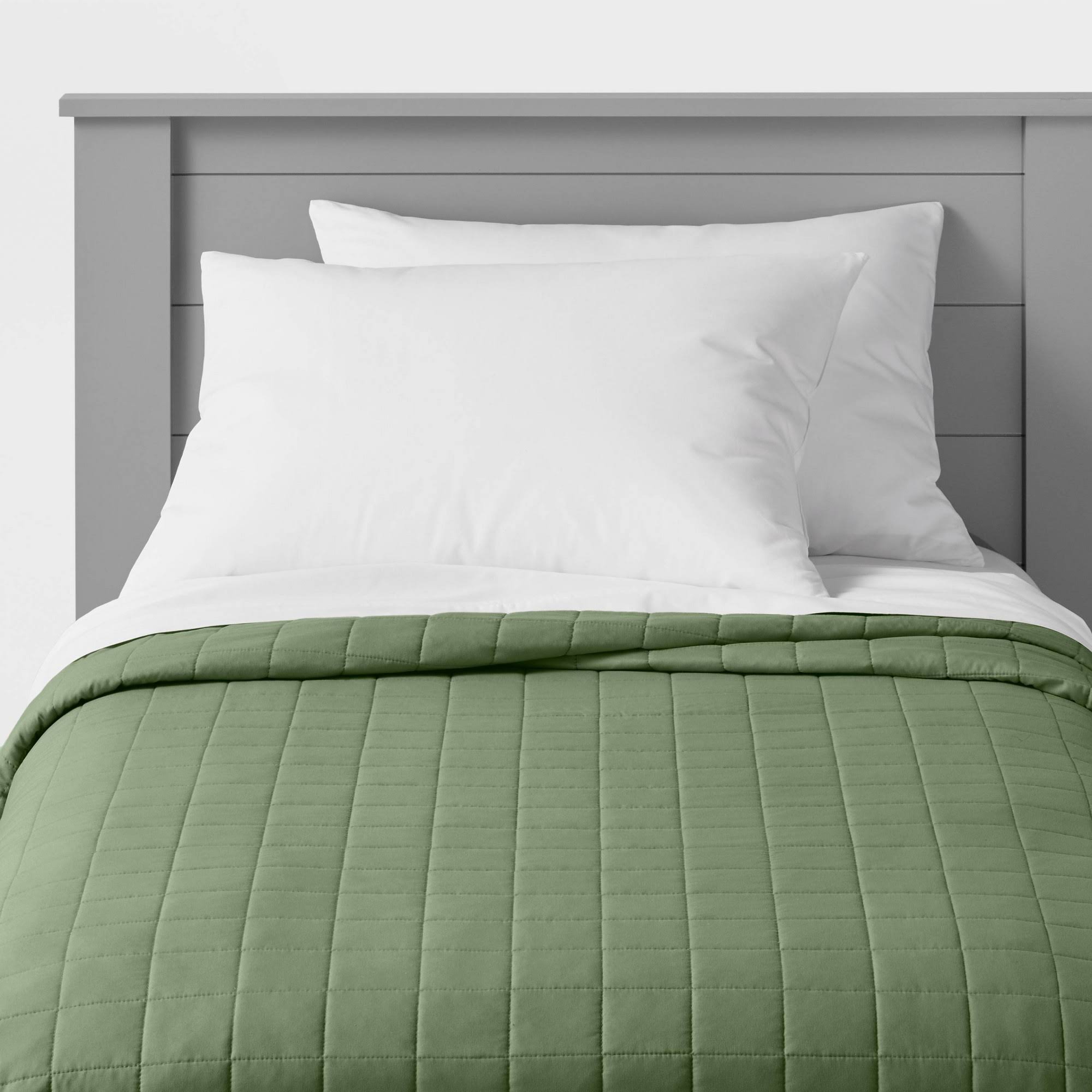 Twin Box Stitch Microfiber Kids' Quilt Green - Pillowfort