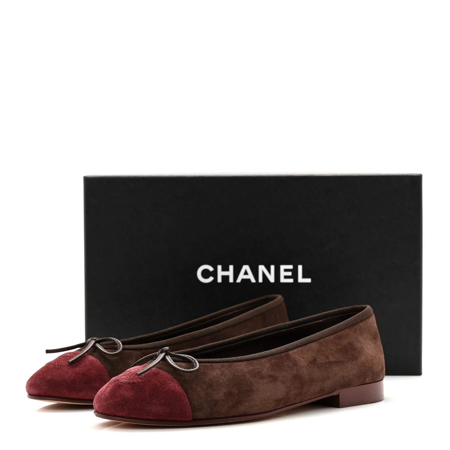 Suede Calfskin Cap Toe CC Ballerina Flats 37.5 Dark Brown Burgundy
