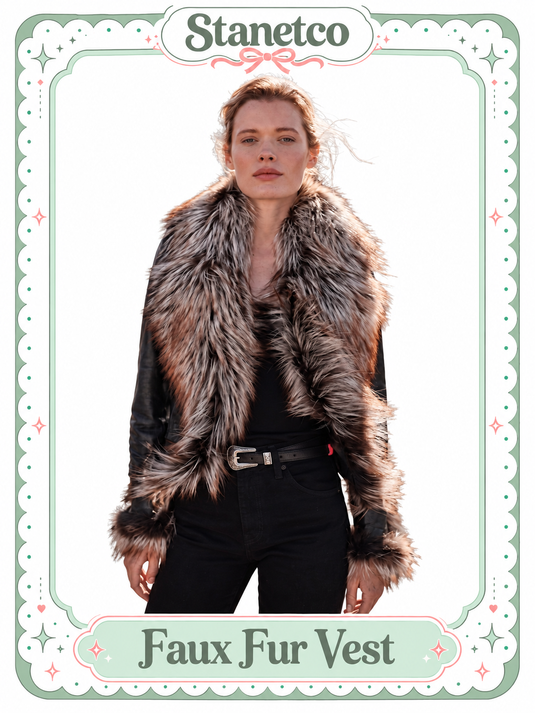 Woman wearing a brown long-pile faux fur vest over black clothing