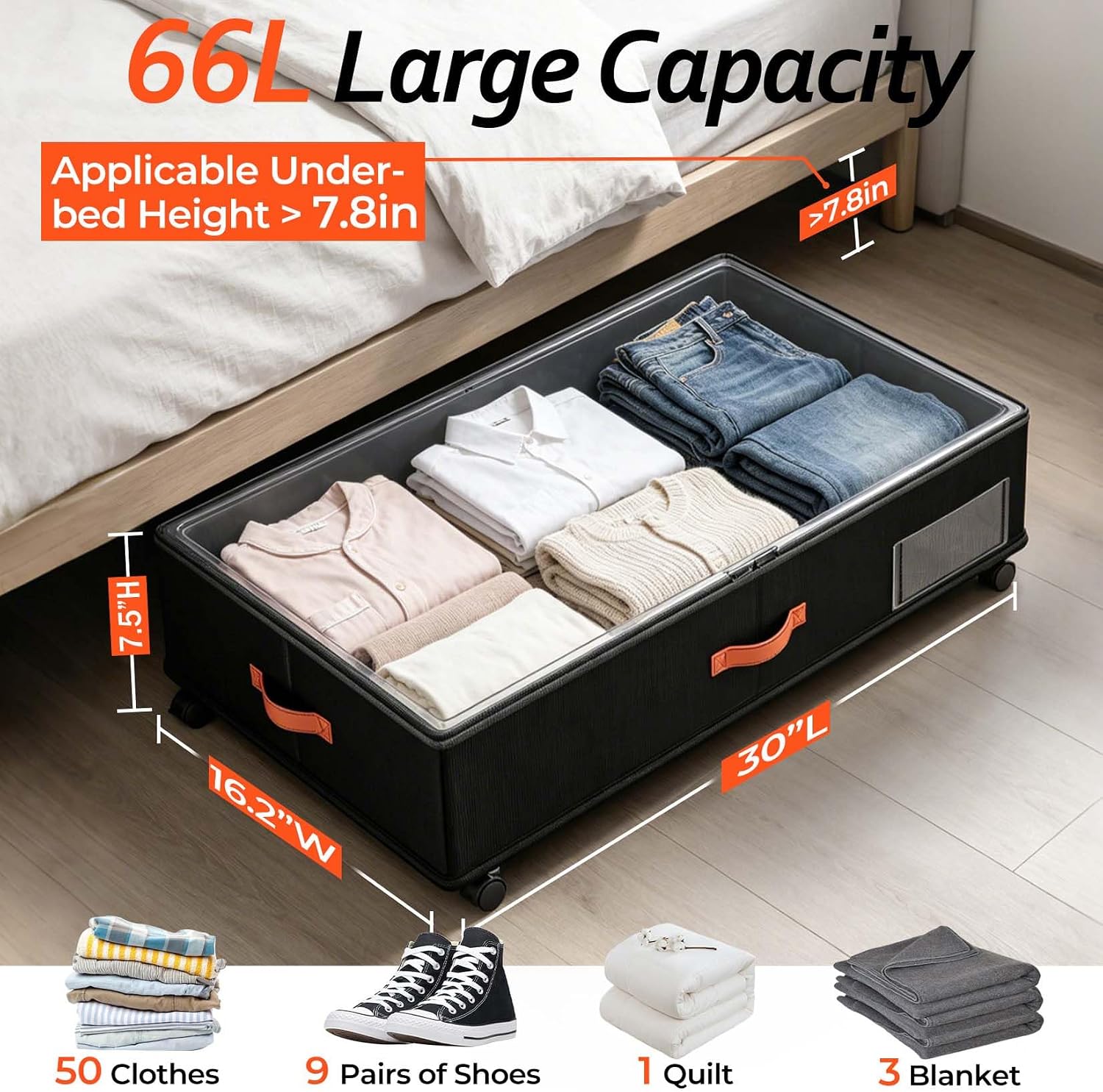 Under Bed Storage with Wheels 2-Pack, Under Bed Storage Containers 66L with Clear Lids, Rolling Storage Drawers for Clothes, Shoes, Blankets, Underbed Organizer Bins (30
