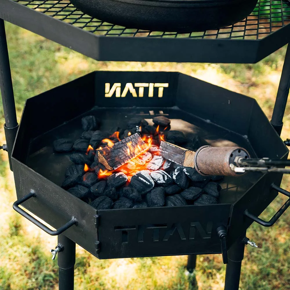 Ash & Ember Santa Maria Grill, Argentine Style Open Fire Grill, Adjustable Cooking Grate with Flywheel, BBQ Grill Comes with Cast Iron Skillet