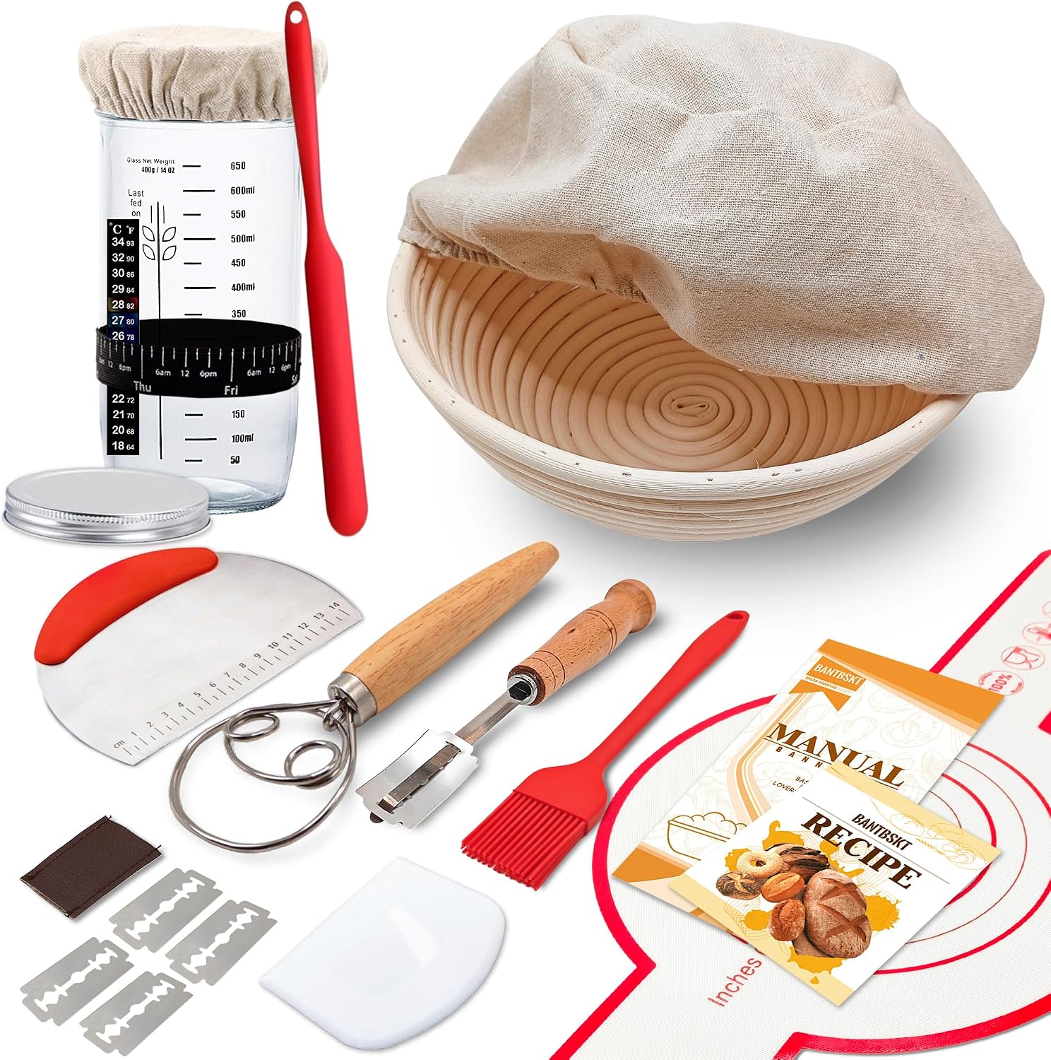 Complete Sourdough Starter Kit, Sourdough Bread Baking Supplies, Banneton Bread Proofing Basket with Sourdough Starter Jar, 9-inch Round Bread Proofing Basket, for Bread Baking