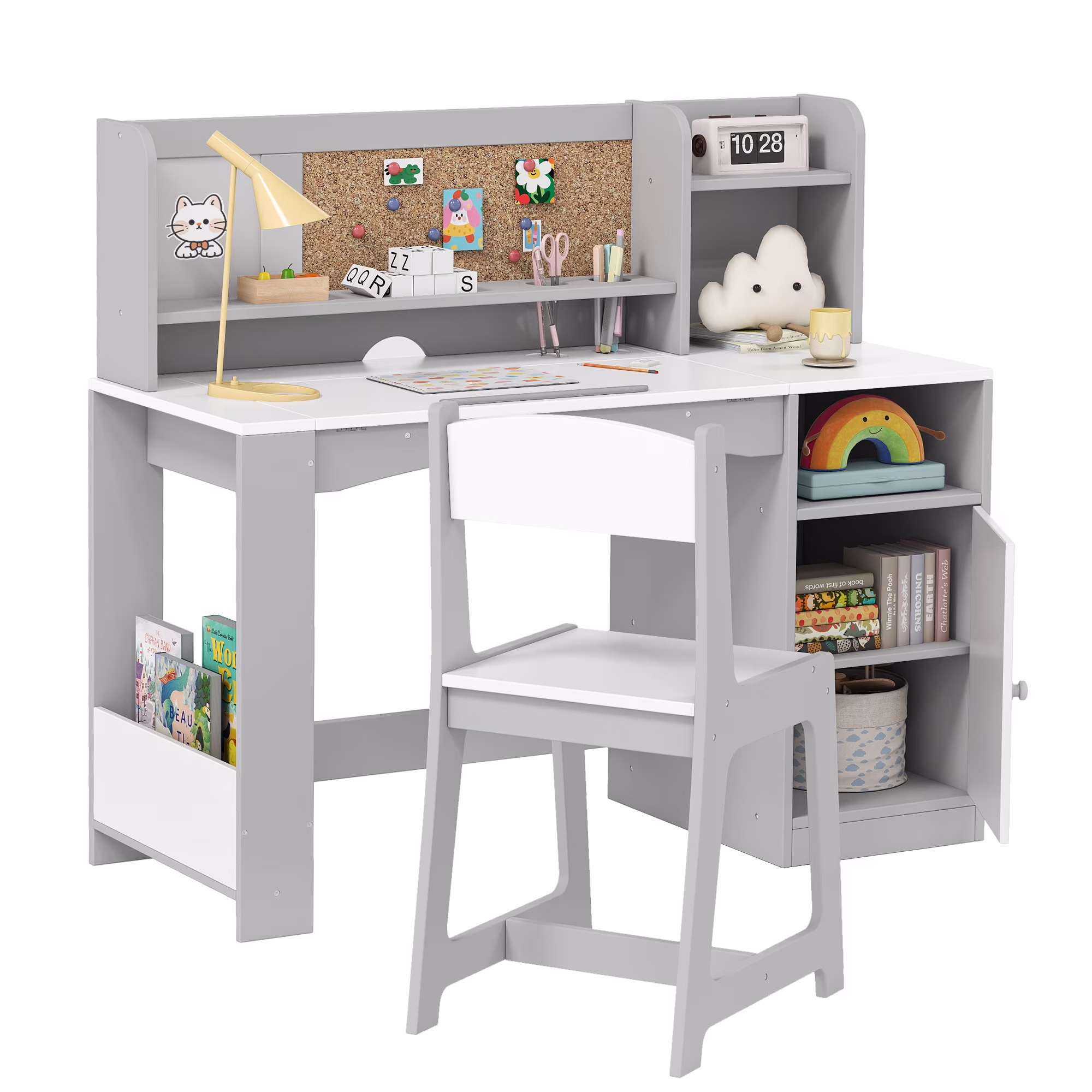 Reasea Kids Study Desk and Chair Set with Tiltable Desktop, Hutch & Storage - Wooden Writing Table for Ages 5 - 12, Grey
