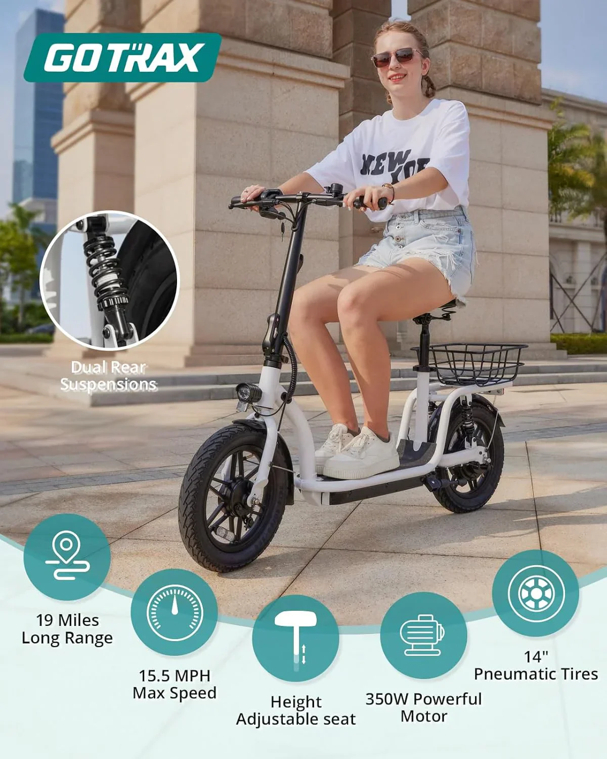 Trottinette électrique Gotrax pour adultes avec siège, autonomie maximale de 30 à 40 km, pneus tout-terrain, larges pédales