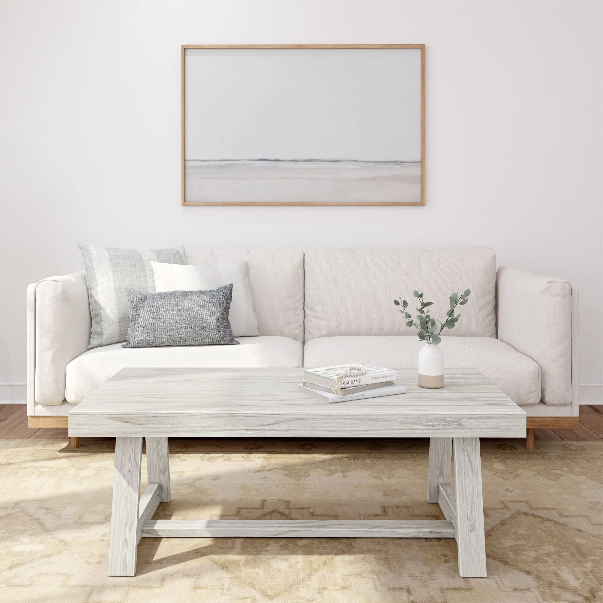 Farmhouse Coffee Table, 48" Solid Wood Tables for Living Room, Rectangular Center Table(White Sand Wirebrush) - Image 2
