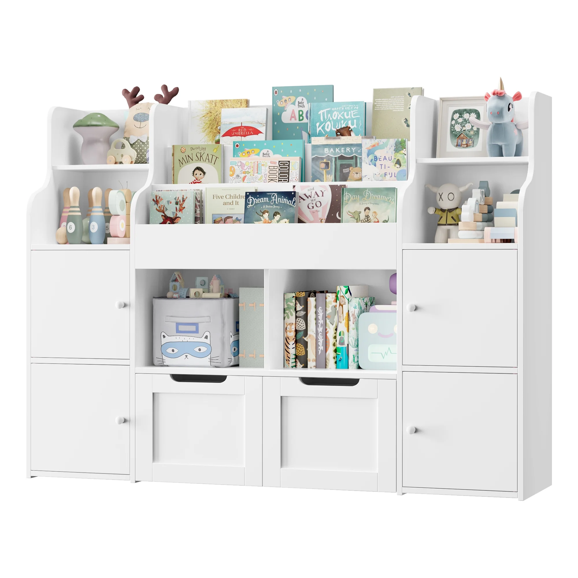 4 Doors Kids Bookcase with 3 Tier Book Racks 2 Mobile Drawers, 4 Cube Bookshelves Toy Storage Organizer for Playroom Kids Room, White(White) - Image 7