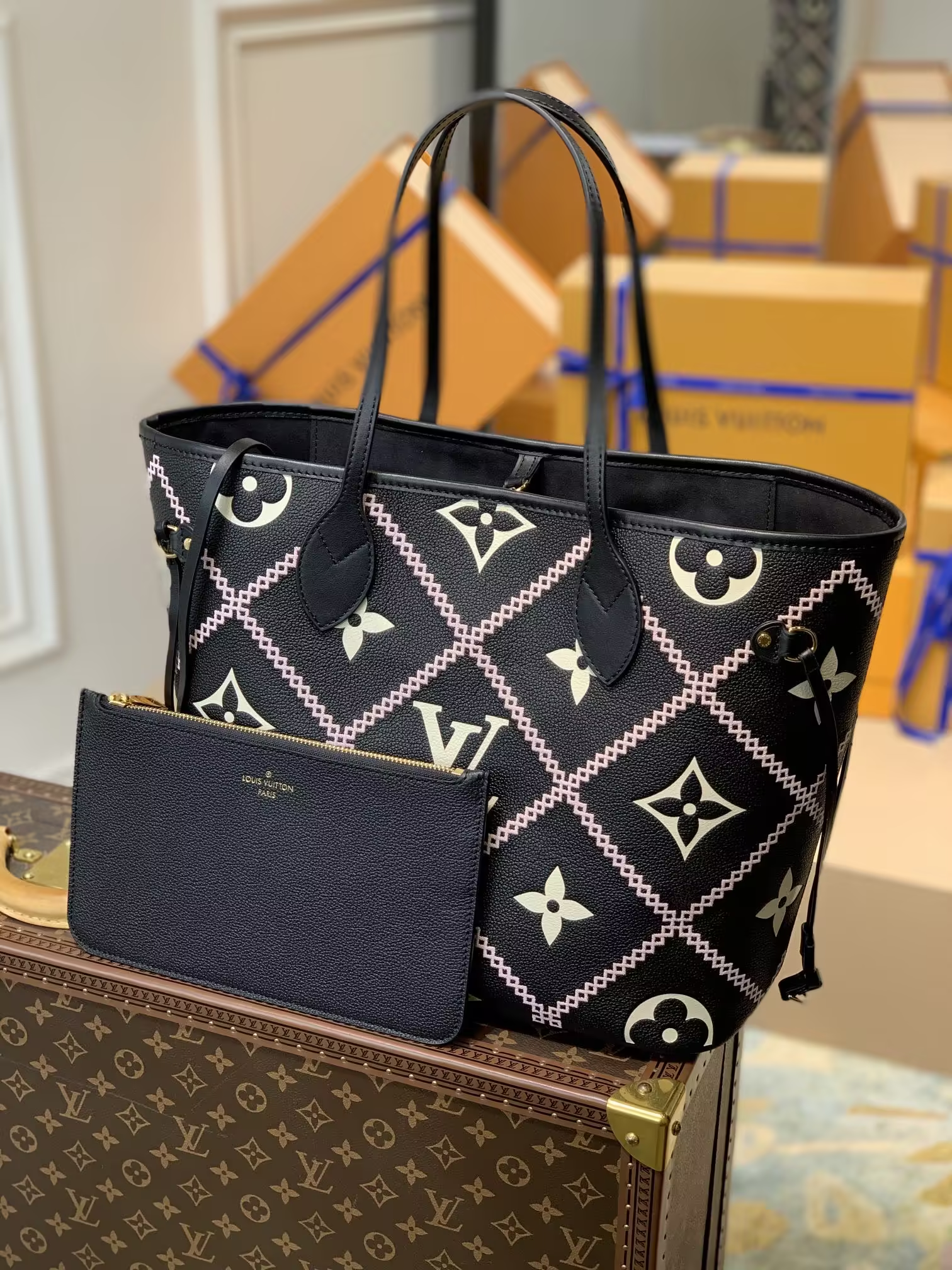 Louis Neverfull MM Monogram Empriente Cream/Black size:31*28*14 cm
