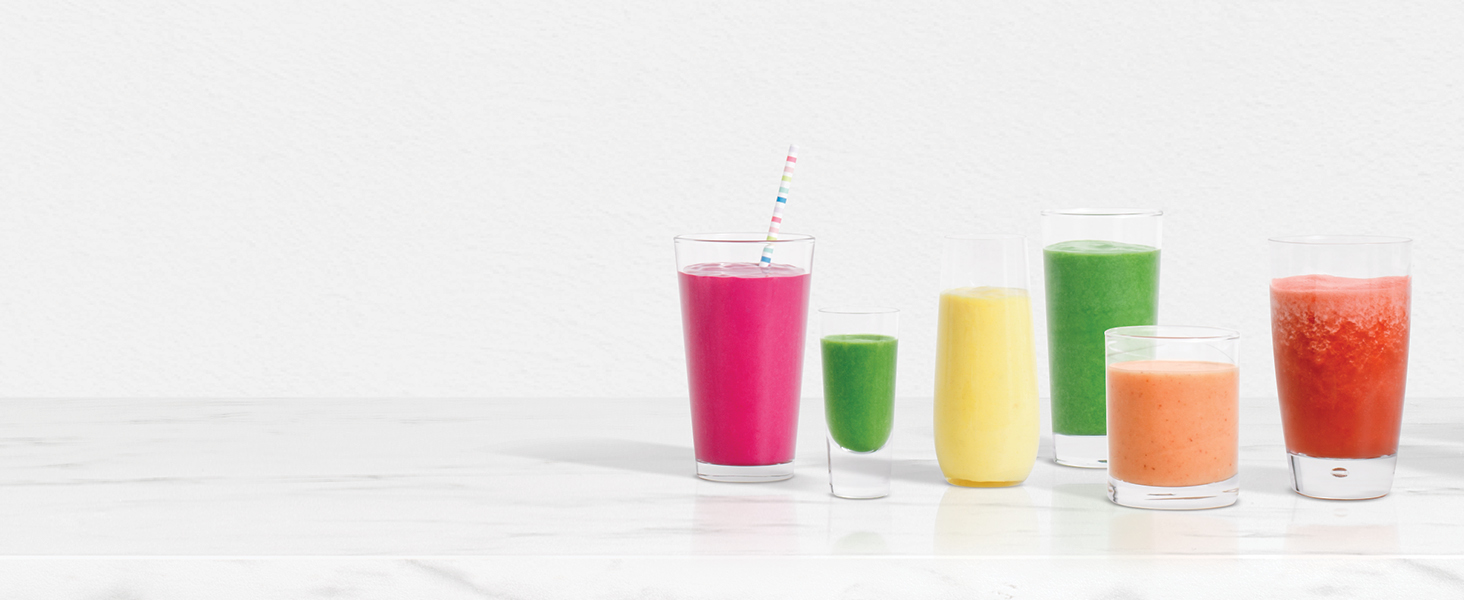 colorful smoothies in different sized glasses