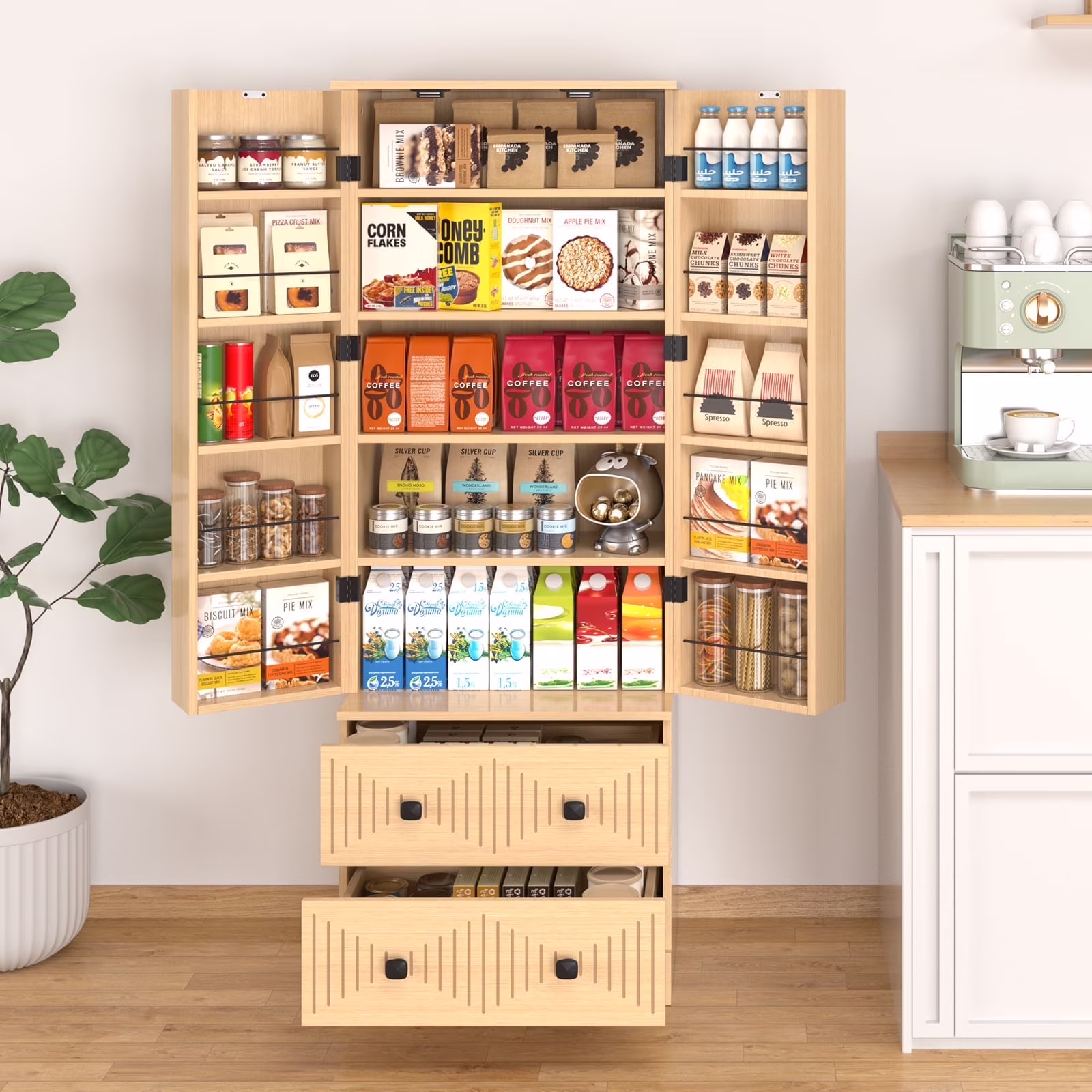 71'' Tall Kitchen Pantry Storage Hutch Cabinet with Doors and Shelves, Grey Oak(71'' Pantry Cabinet(Grey Oak)) - Image 9