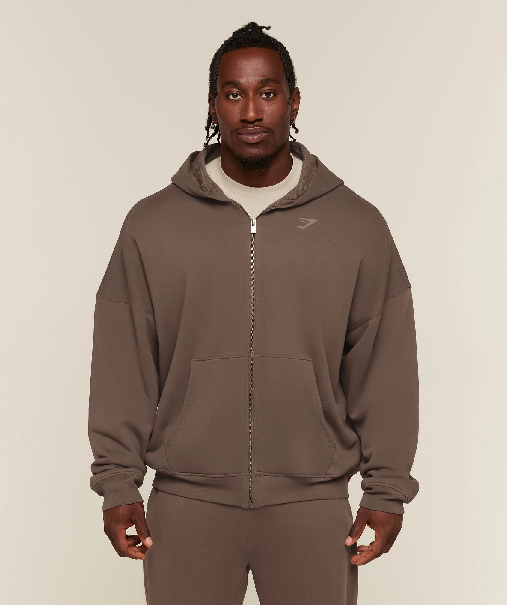 POWER WASHED OVERSIZED FULL ZIP HOODIE - Soft Brown