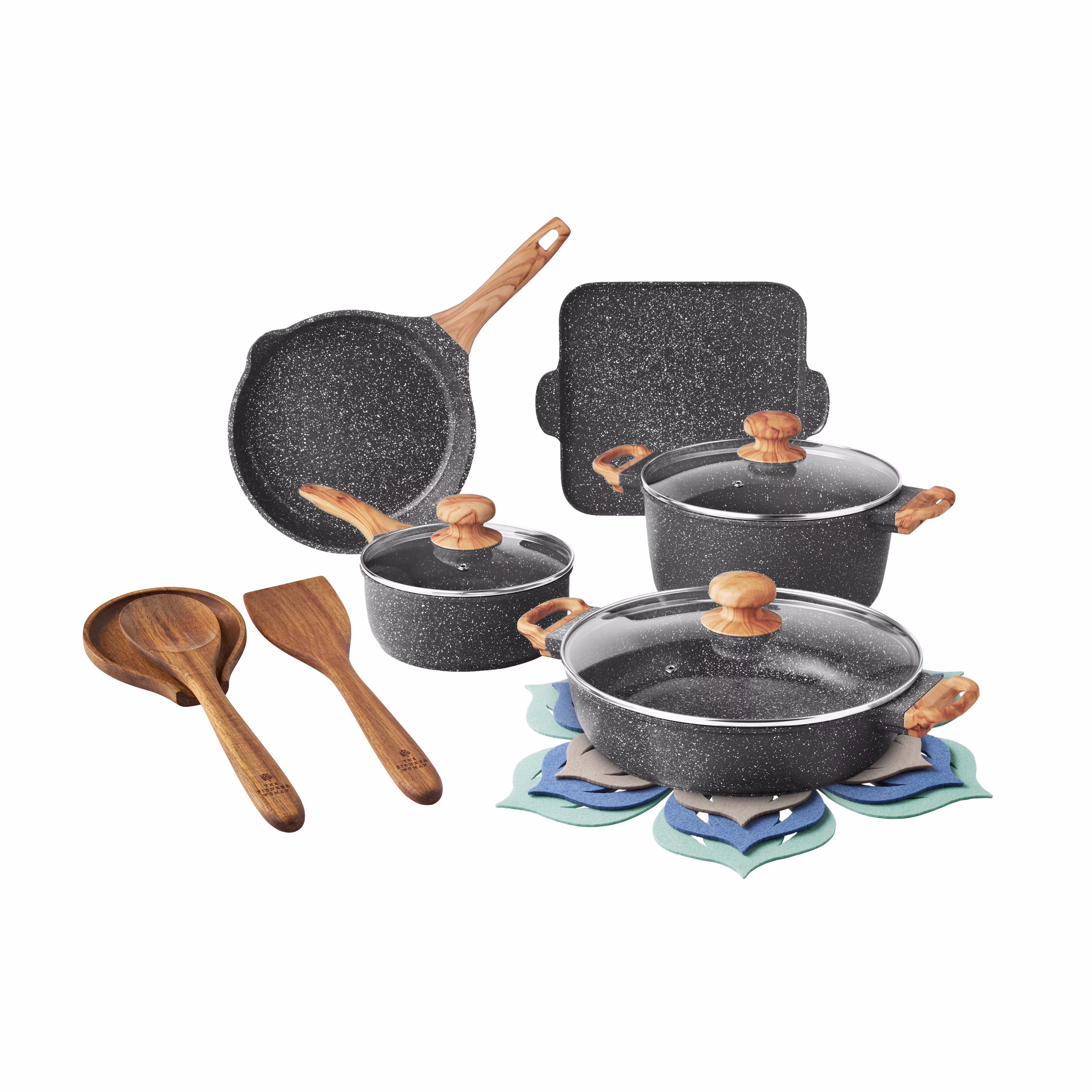 Prairie Signature 14-Piece Cast Aluminum Cookware Set, Brown Speckle(Brown Speckle) - Image 3