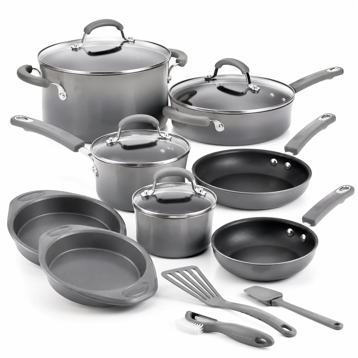 15 Piece Hard Enamel Nonstick Cookware Set Gray Pots and Pans Set with Durable Nonstick Coating for Kitchen Cooking