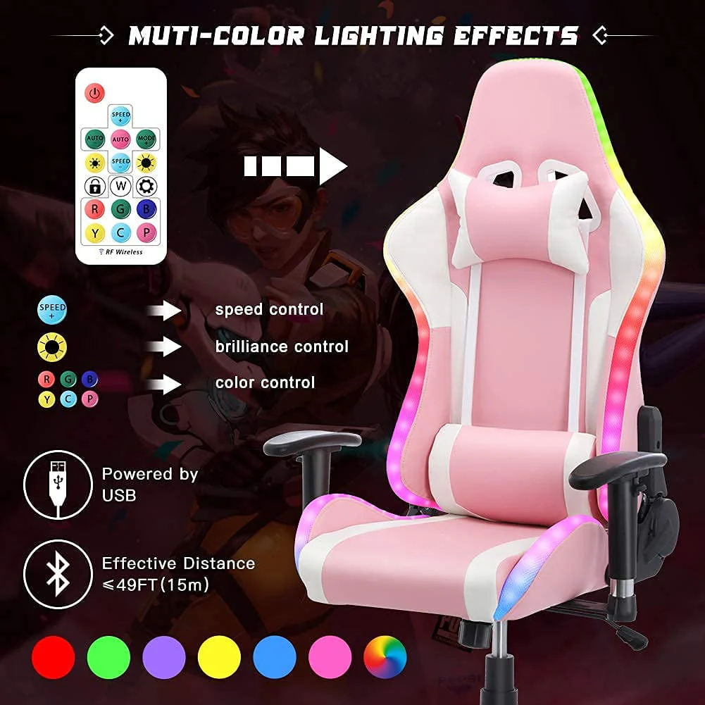 Gaming Chair with Speakers Video and RGB LED Lights, Pink PU Leather Ergonomic Racing Office Chair(Blue) Image 3