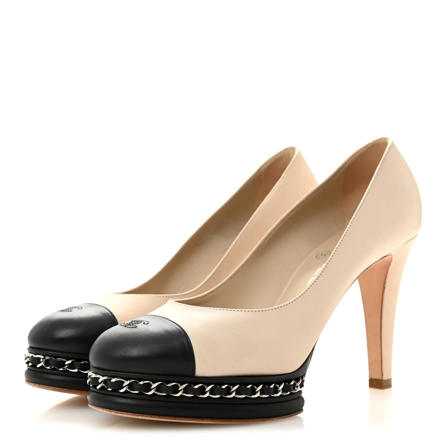 Calfskin CC Cap Toe Platform Chain Pumps 39 Beige Black