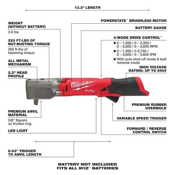 M12 FUEL 12 Volt Li Ion Brushless Cordless Hammer Drill/Impact Driver/Impact Wrench/Ratchet Combo Kit (5 Tool) Image 5