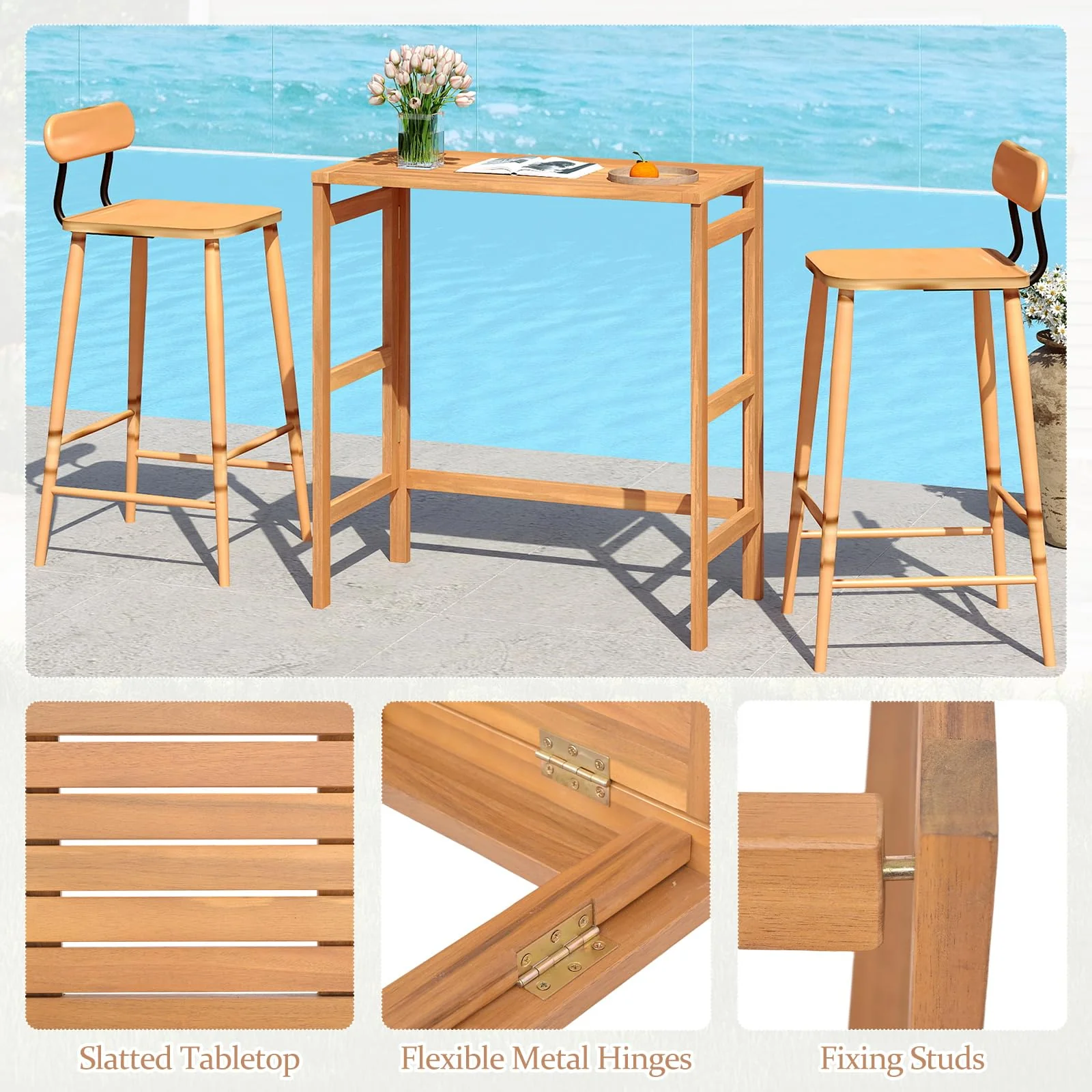 Tangkula Patio Rectangle Counter Height Pub Table with Slatted Tabletop