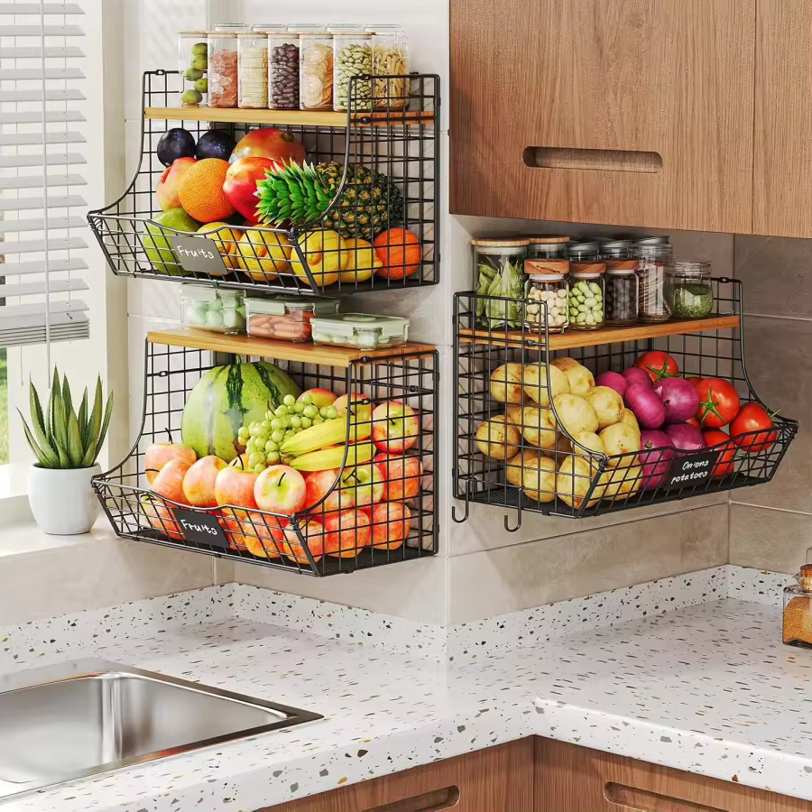 Vfdtbuhn 3 Pack Fruit Basket For With Wood Lid - Counter&Amp;Amp;Wall Mounted Onion And Potato Storage With Nameplate Stackable Storage Basket