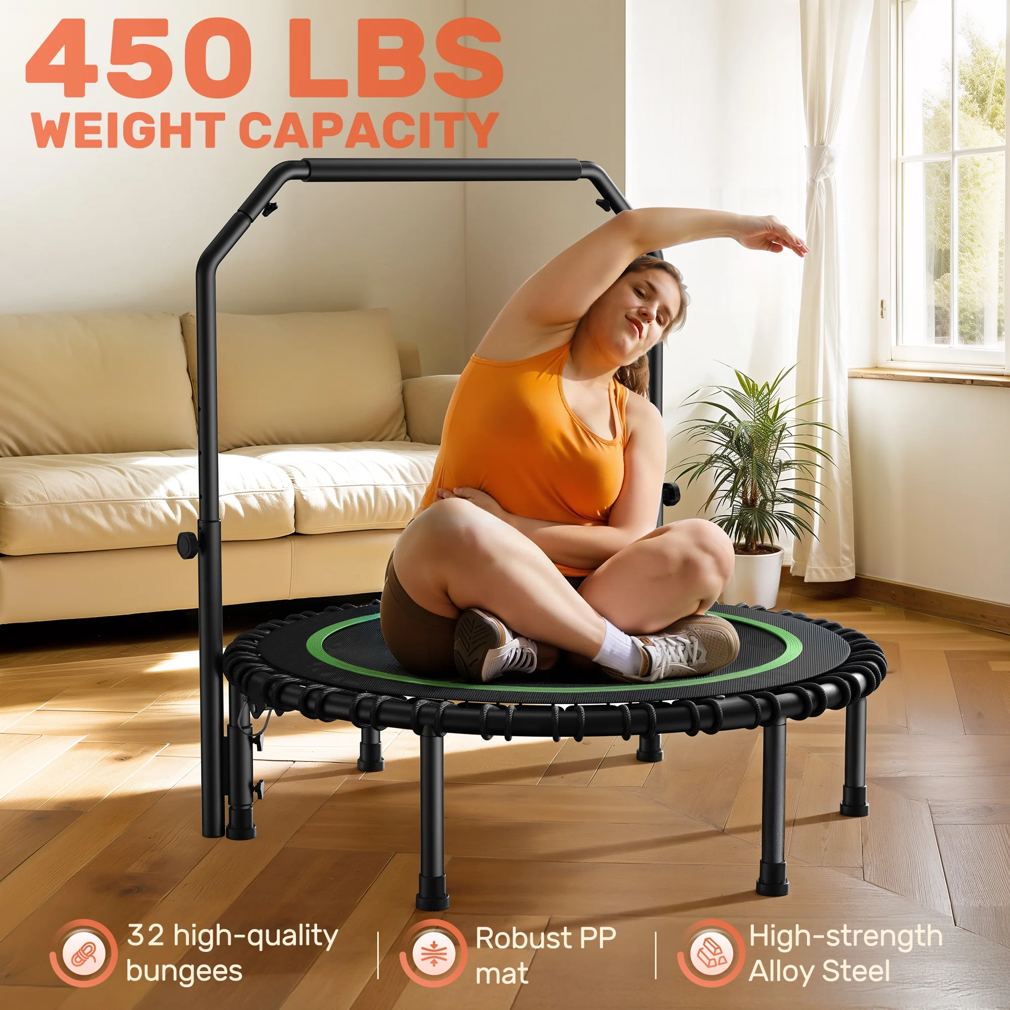 450 LBS Foldable Mini Trampoline, 40" Fitness Trampoline with Bungees, Stable Quiet Exercise Rebounder for Kids/Adults(40in Green) - Image 4