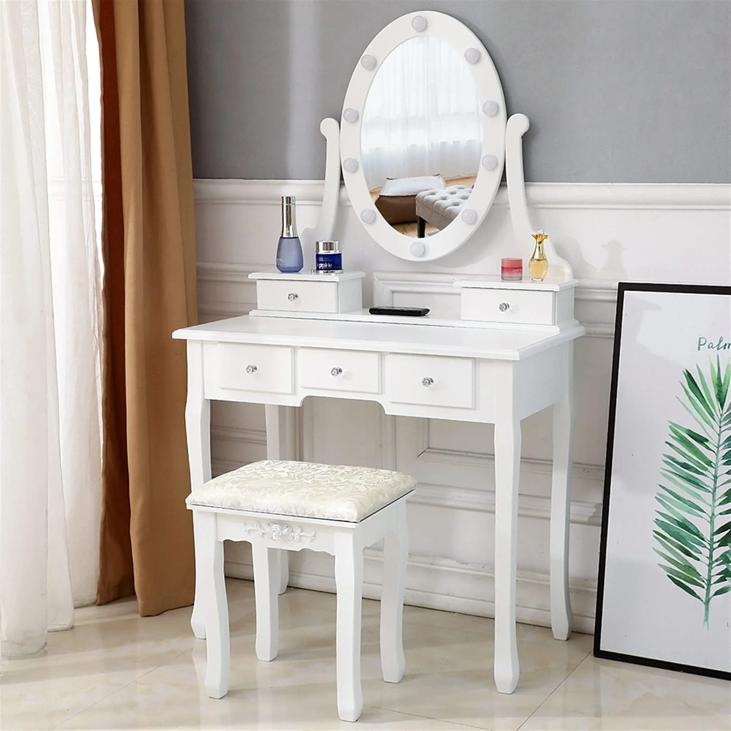 Vanity Table 10 LED Lights, 5 Drawers Makeup Dressing Desk with Cushioned Stool Set,Bedroom Vanities Set White - Image 3