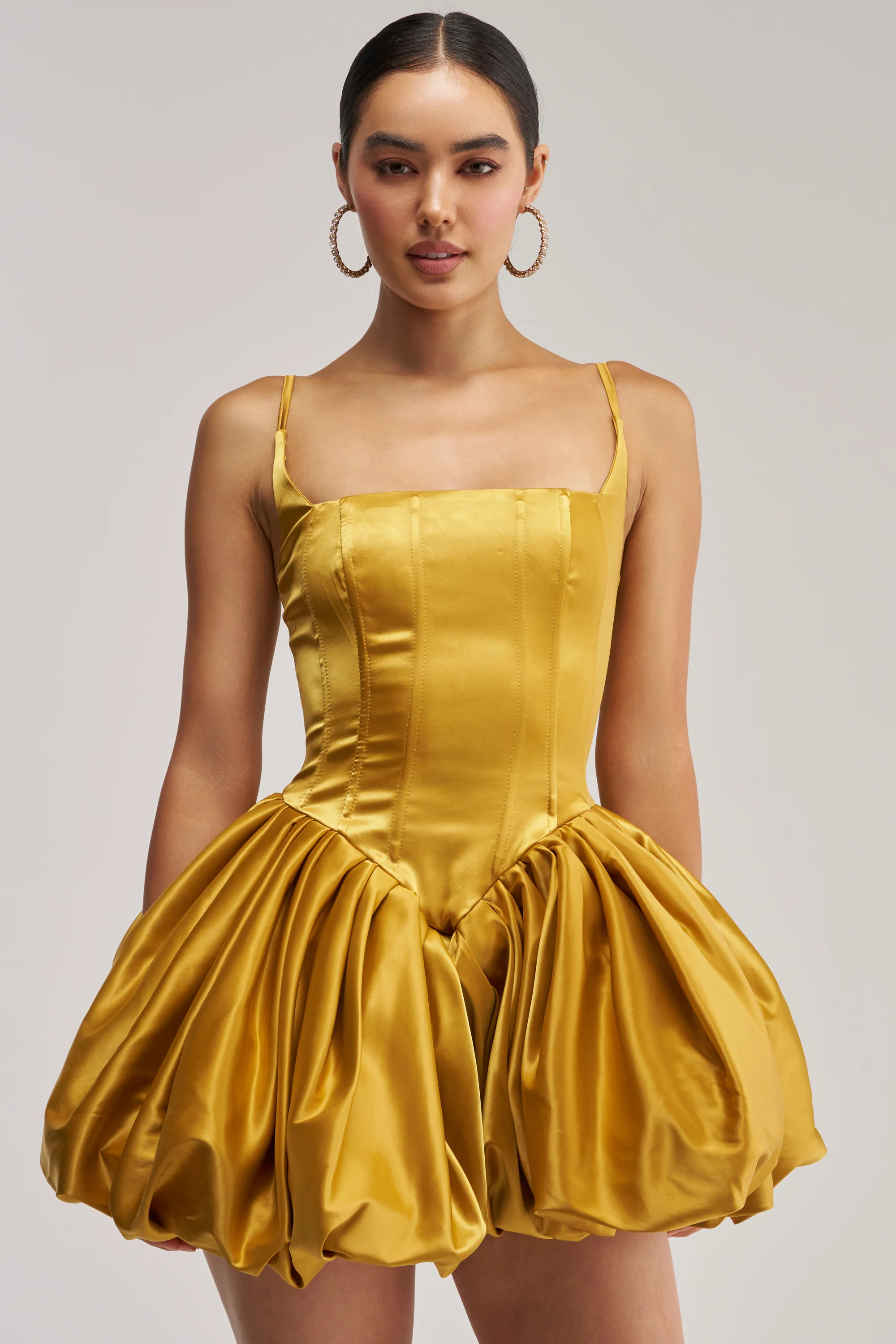 JULIET SATIN MINI DRESS IN MUSTARD - Akira Store